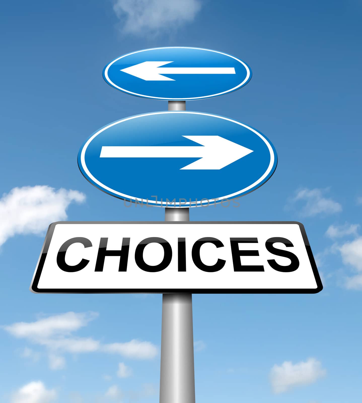 Illustration depicting a directional roadsign with a choices concept. Blue sky background.