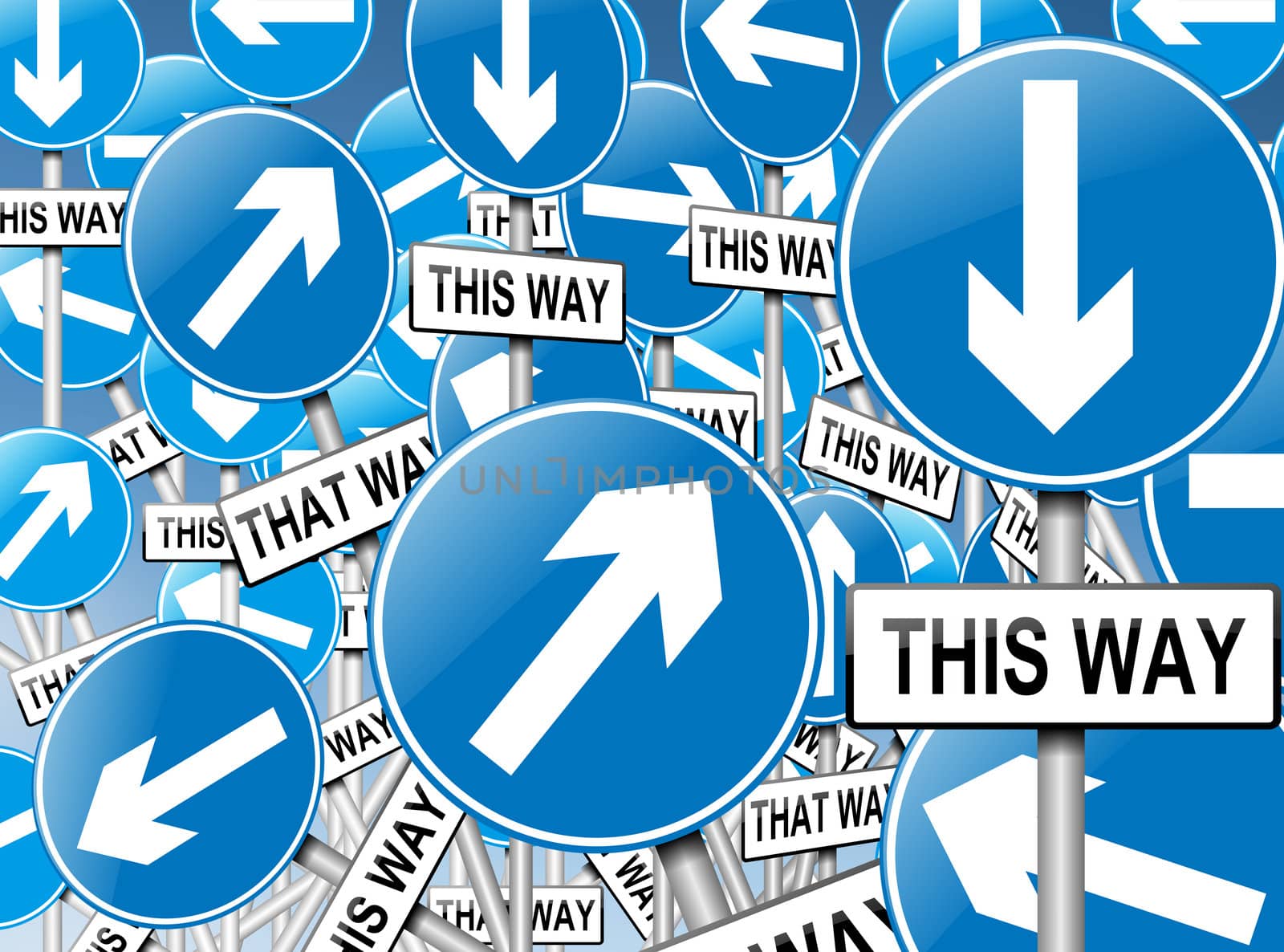 Illustration depicting a large number of directional roadsigns in a chaotic arrangement. Blue background.