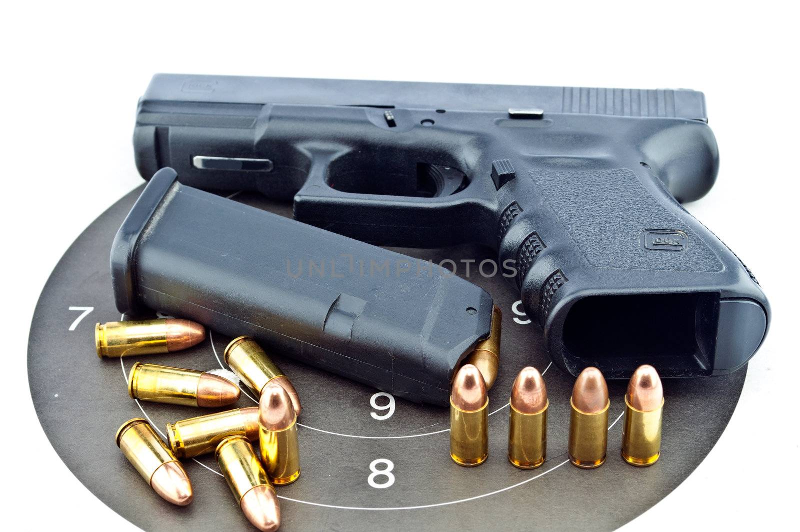9-mm handgun automatic on white background