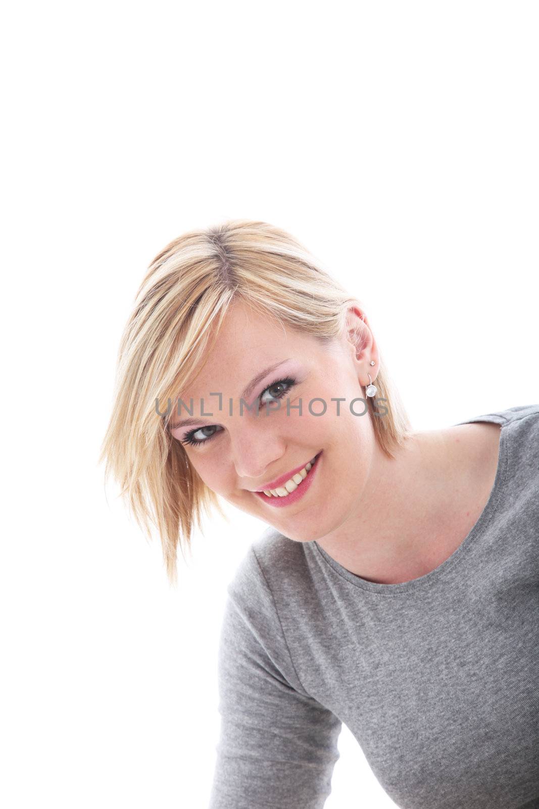 Portrait of smiling blonde isolated on white 