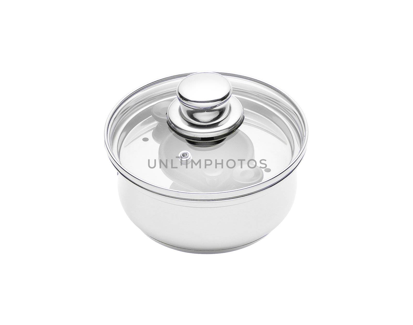 Stainless pan with glass cover isolated on a white background