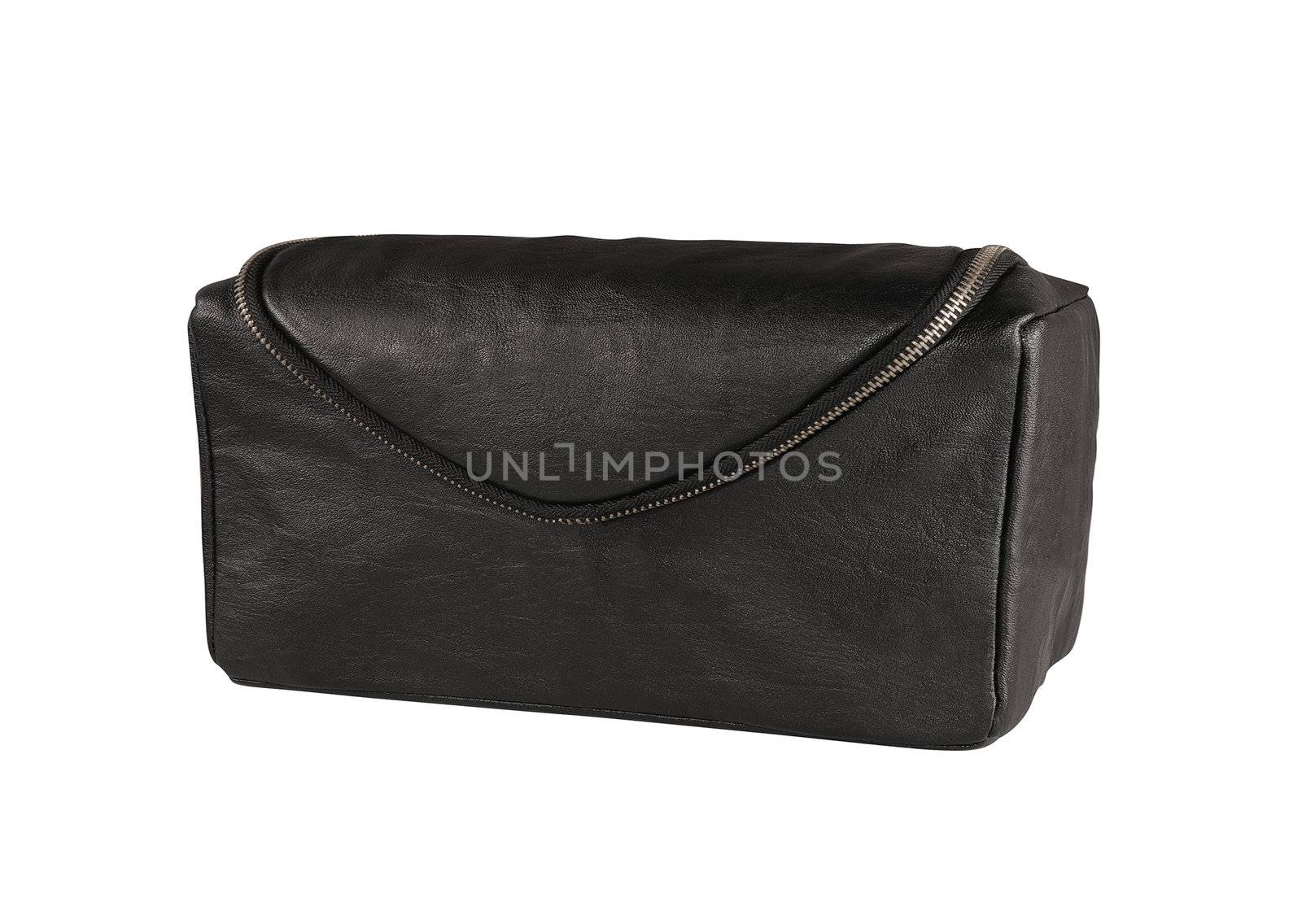Mans black leather accessory bag or pouch isolated on white