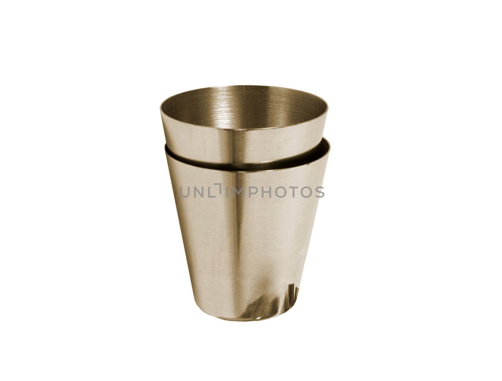 Big steel cup with lid and handle isolated on white