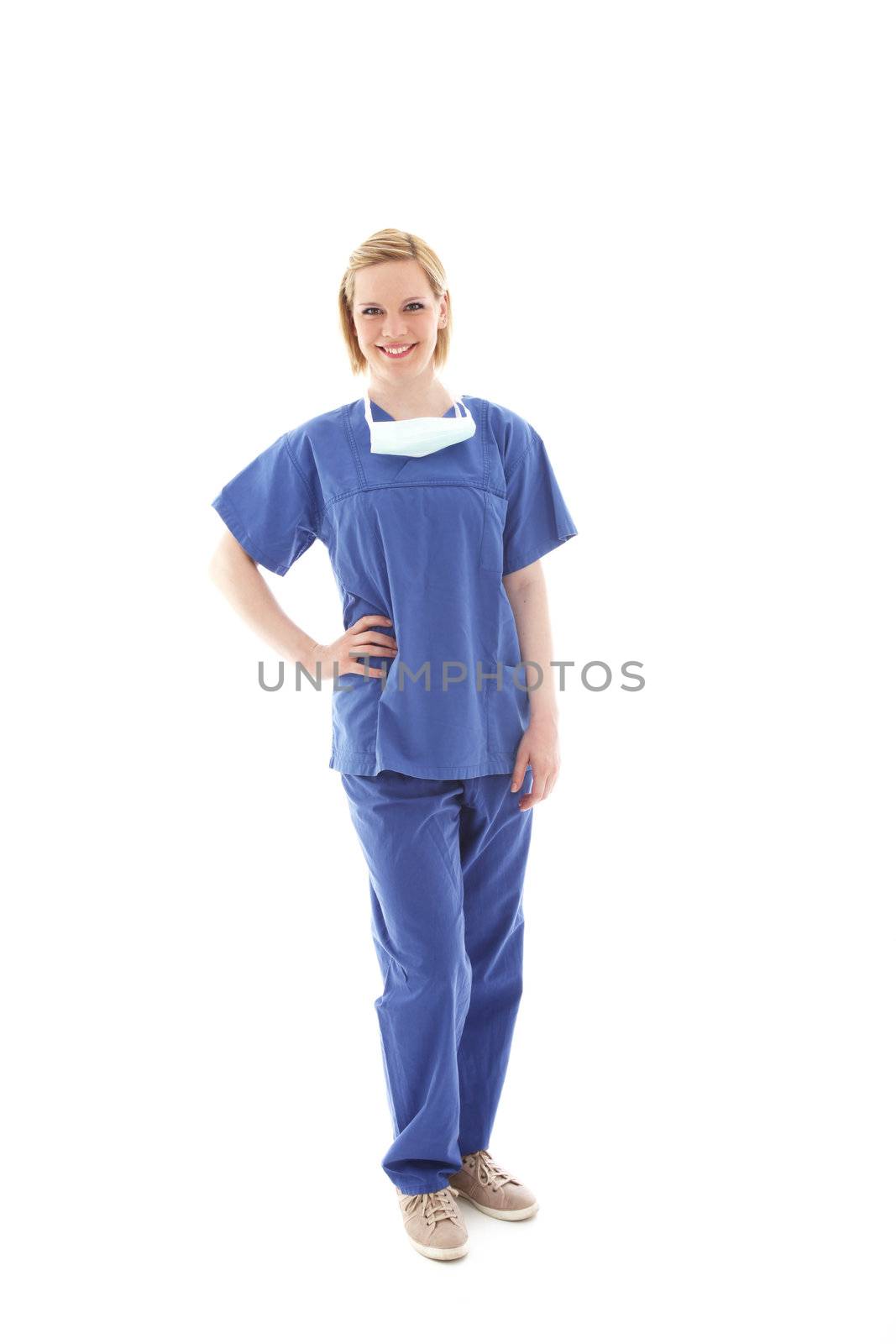 Full length portrait of a friendly young theatre nurse in blue scrubs isolated on white Full length portrait of a friendly young theatre nurse in blue scrubs islated on white 