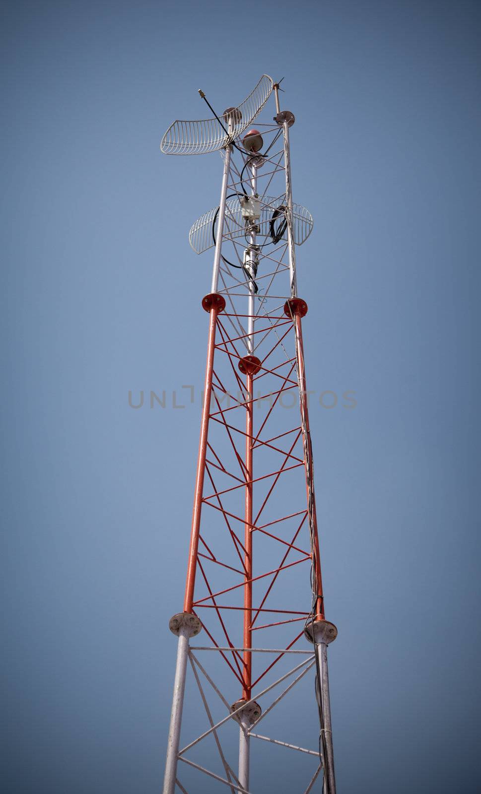 Telecommunications pylons with antenna for TV and mobile phone signals.