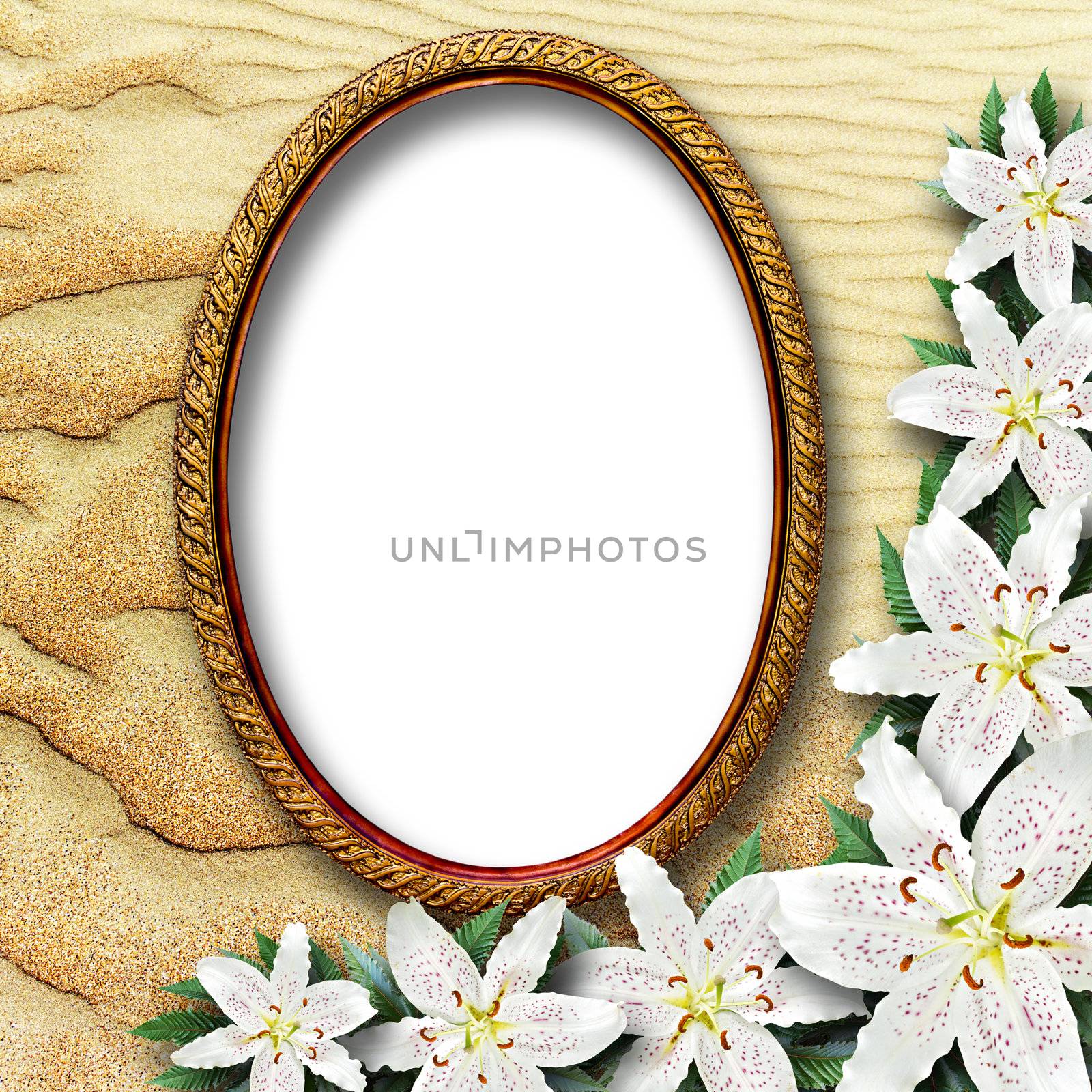 frame for a picture with flowers lilies on a background of sand dunes
