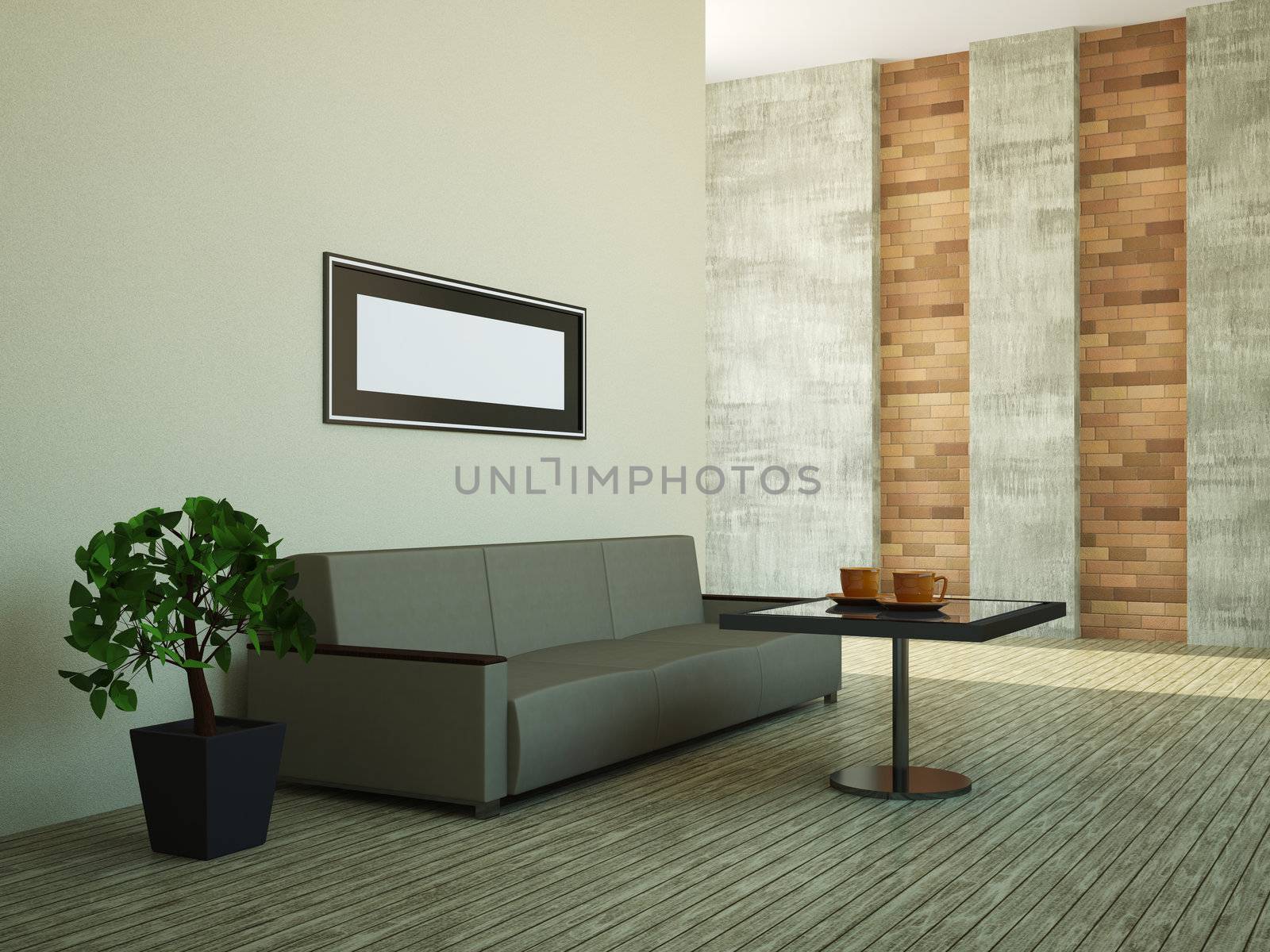 A room with a sofa and a table