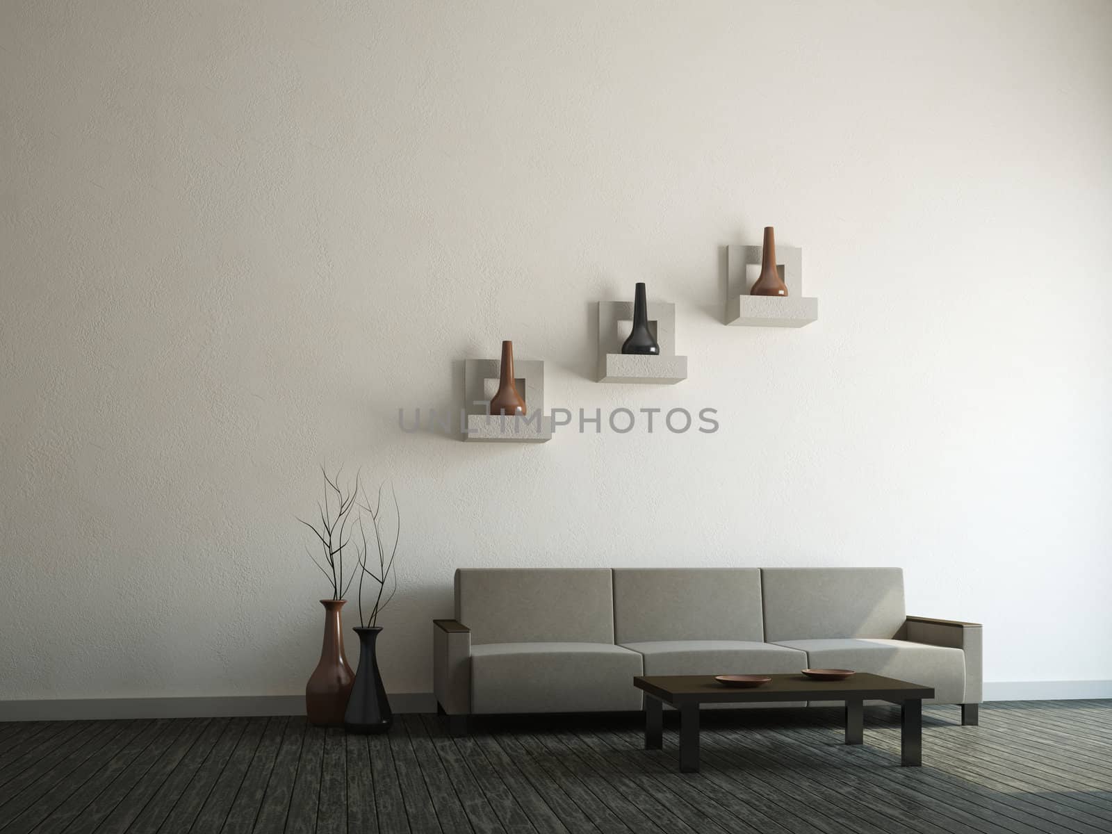 Gray sofa and vases near a wall