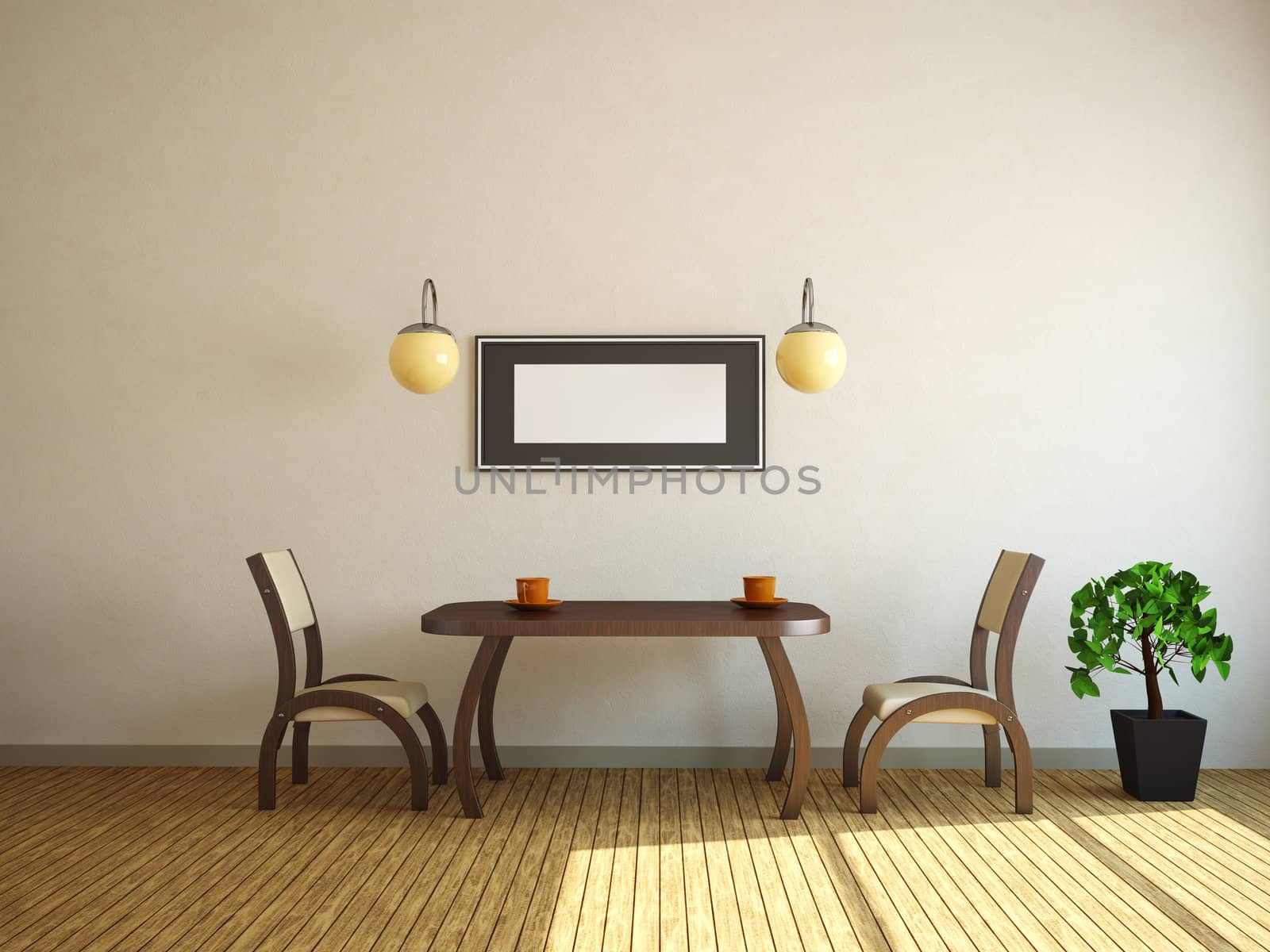 Table and two chairs near a wall