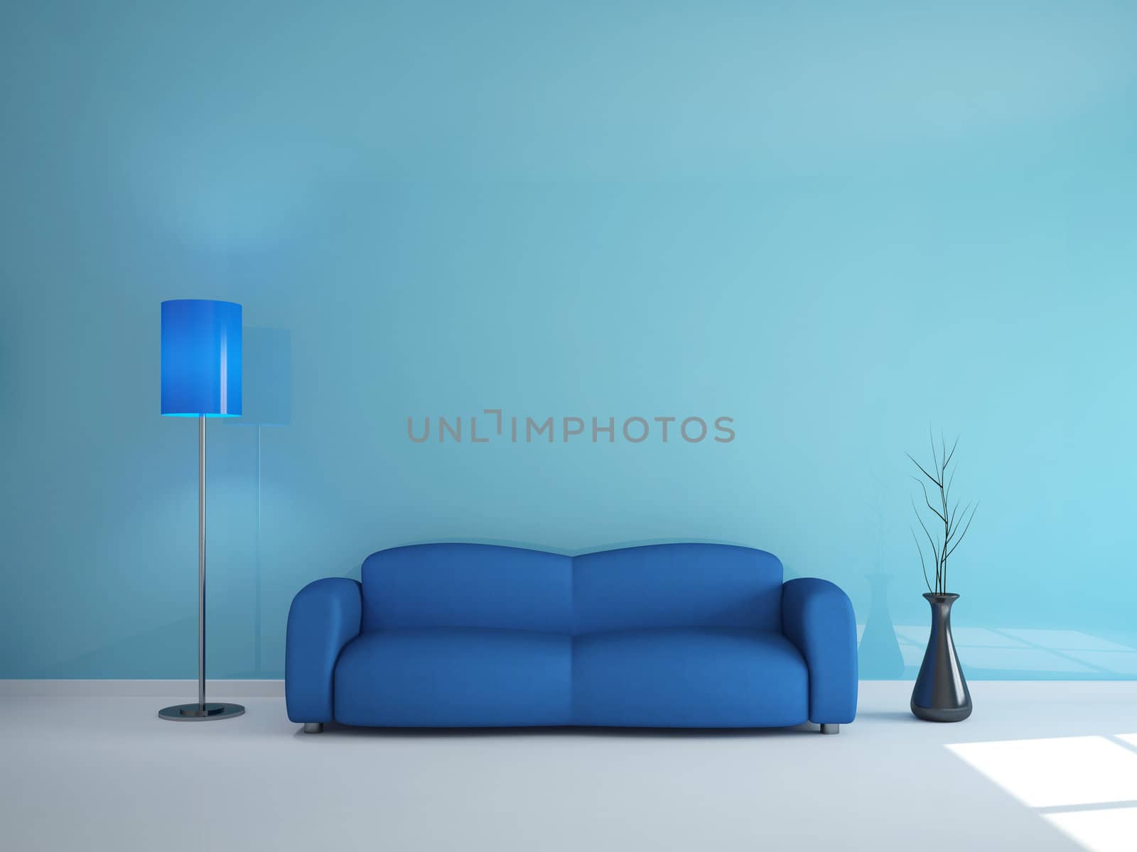Room interior with a blue sofa and a lamp