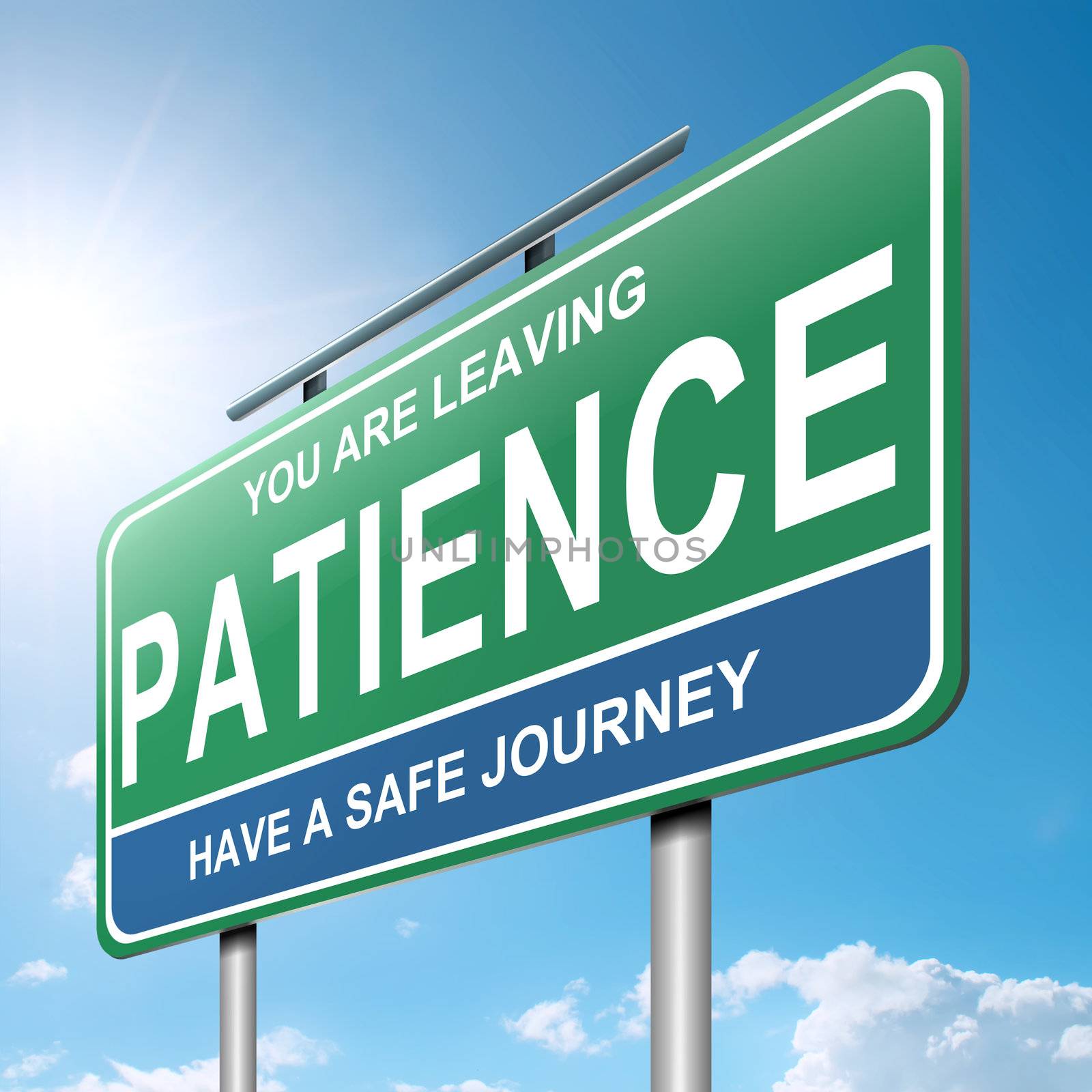 Illustration depicting a roadsign with a patience concept. Blue sky background.