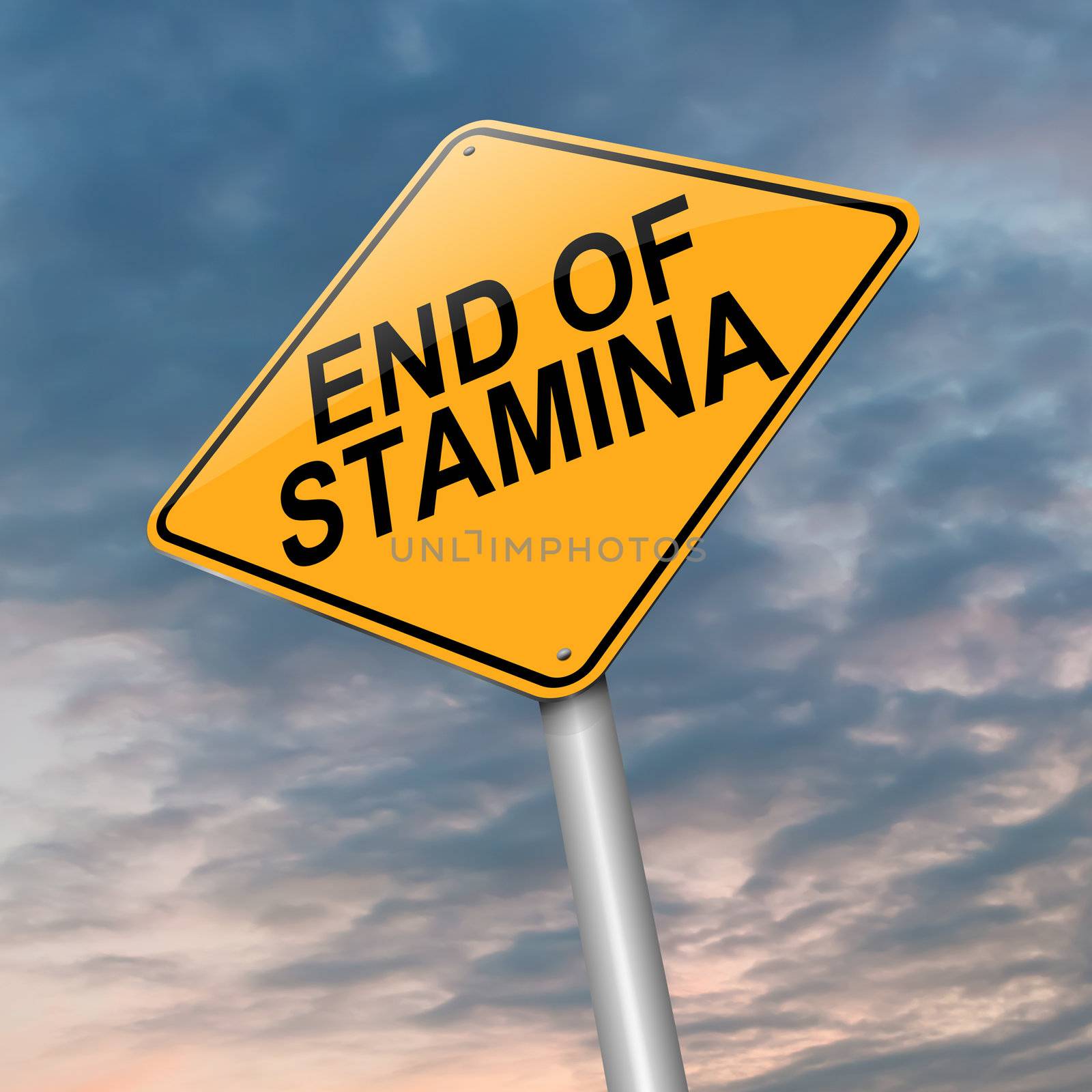 Illustration depicting a roadsign with an end of stamina concept. Dark cloudy sky background.