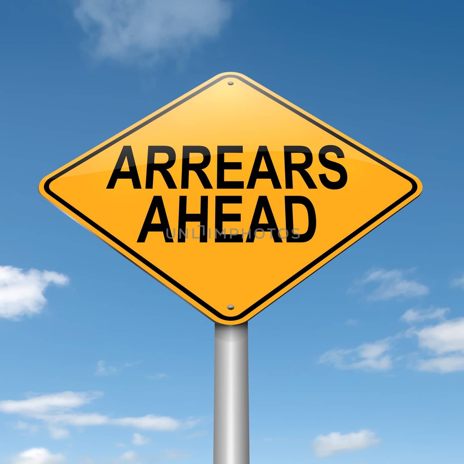 Illustration depicting a roadsign with an arrears concept. Blue sky background.