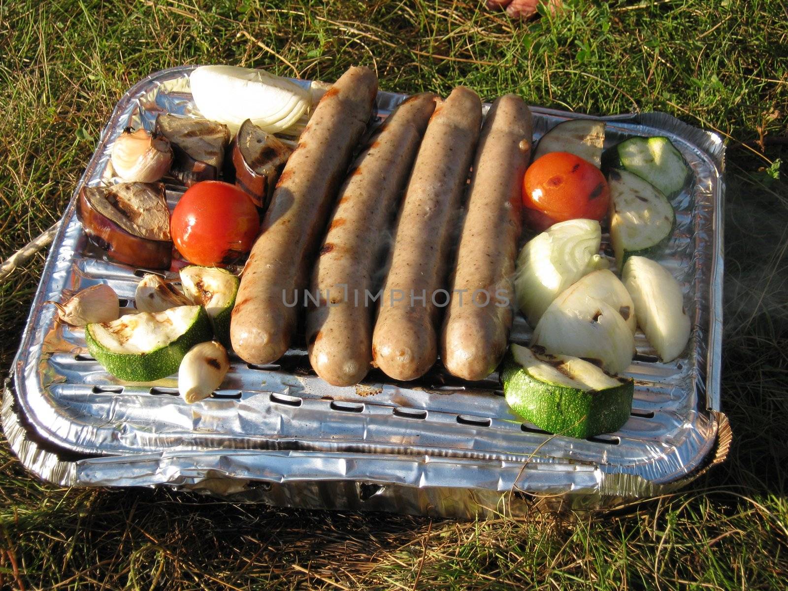 Disposable barbecue with sausages, onions and vegetables