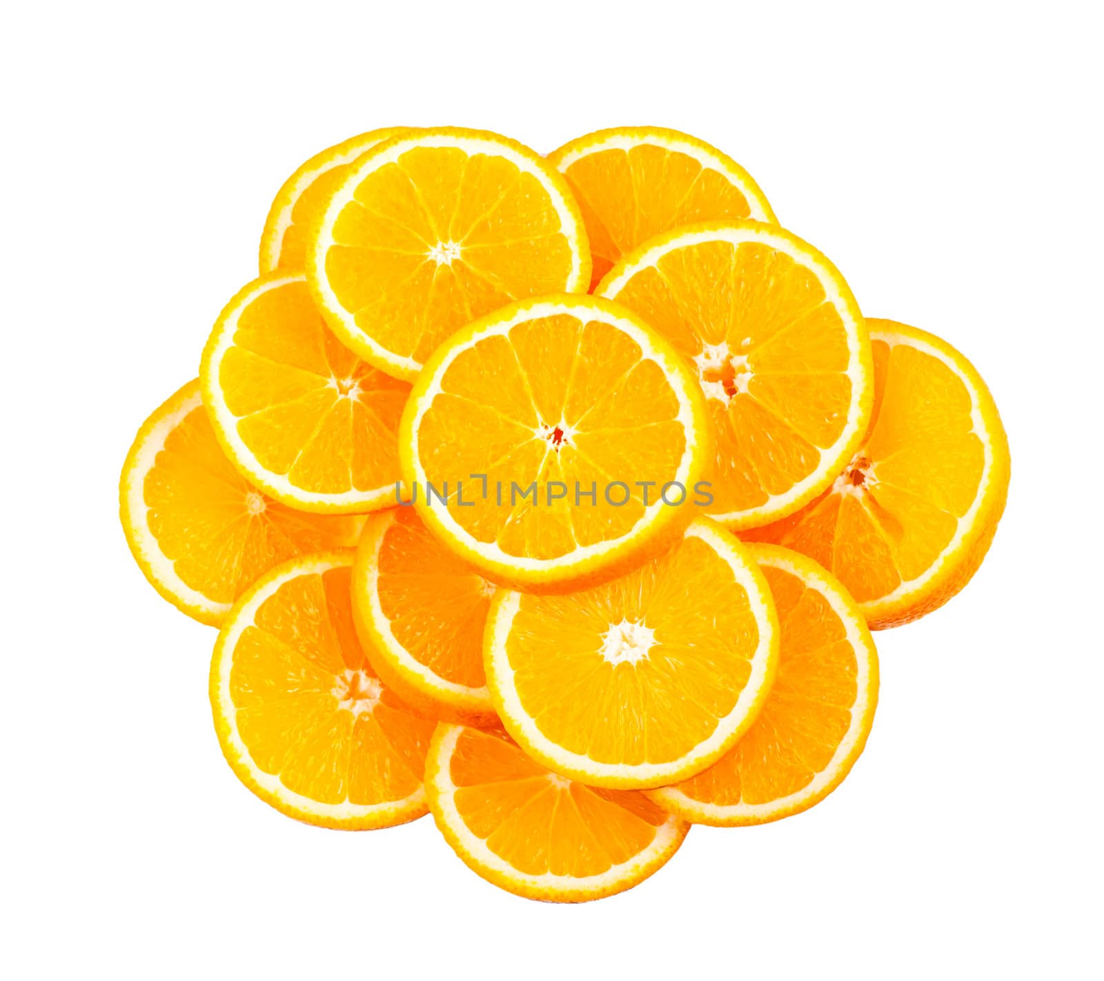 Fresh juicy orange slices isolated over white background