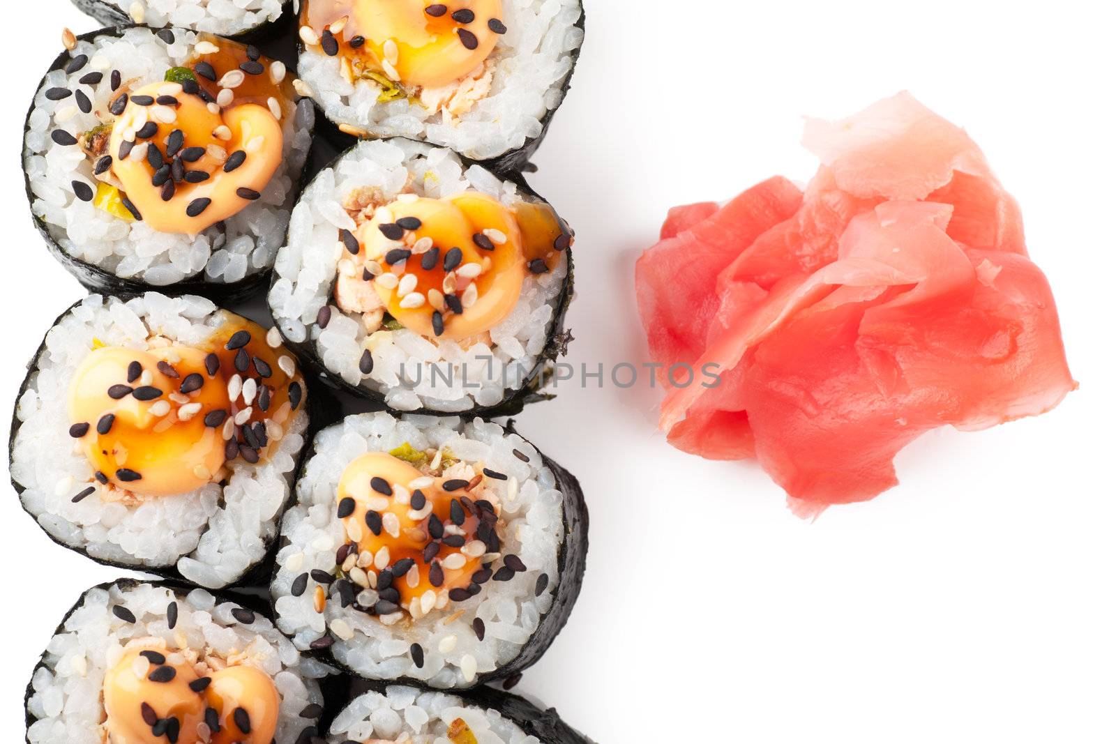 Close up top view of sushi over white background