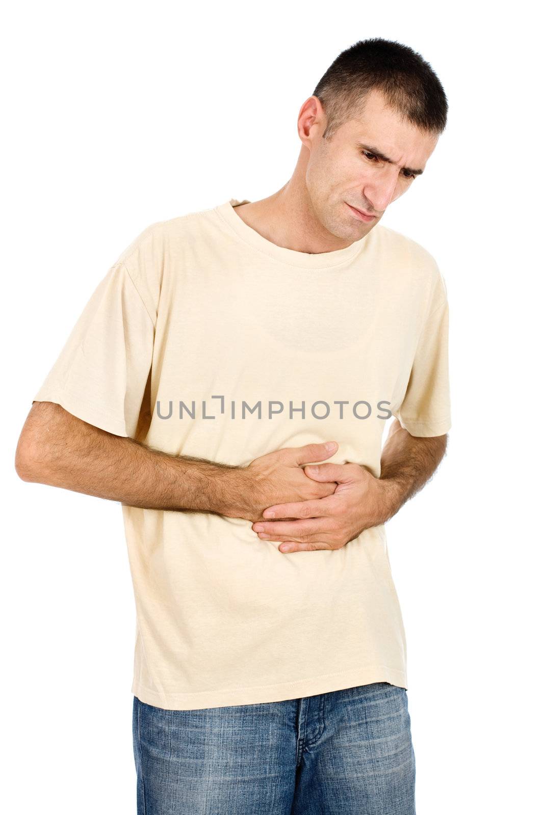 A man suffering in pain in his stomach