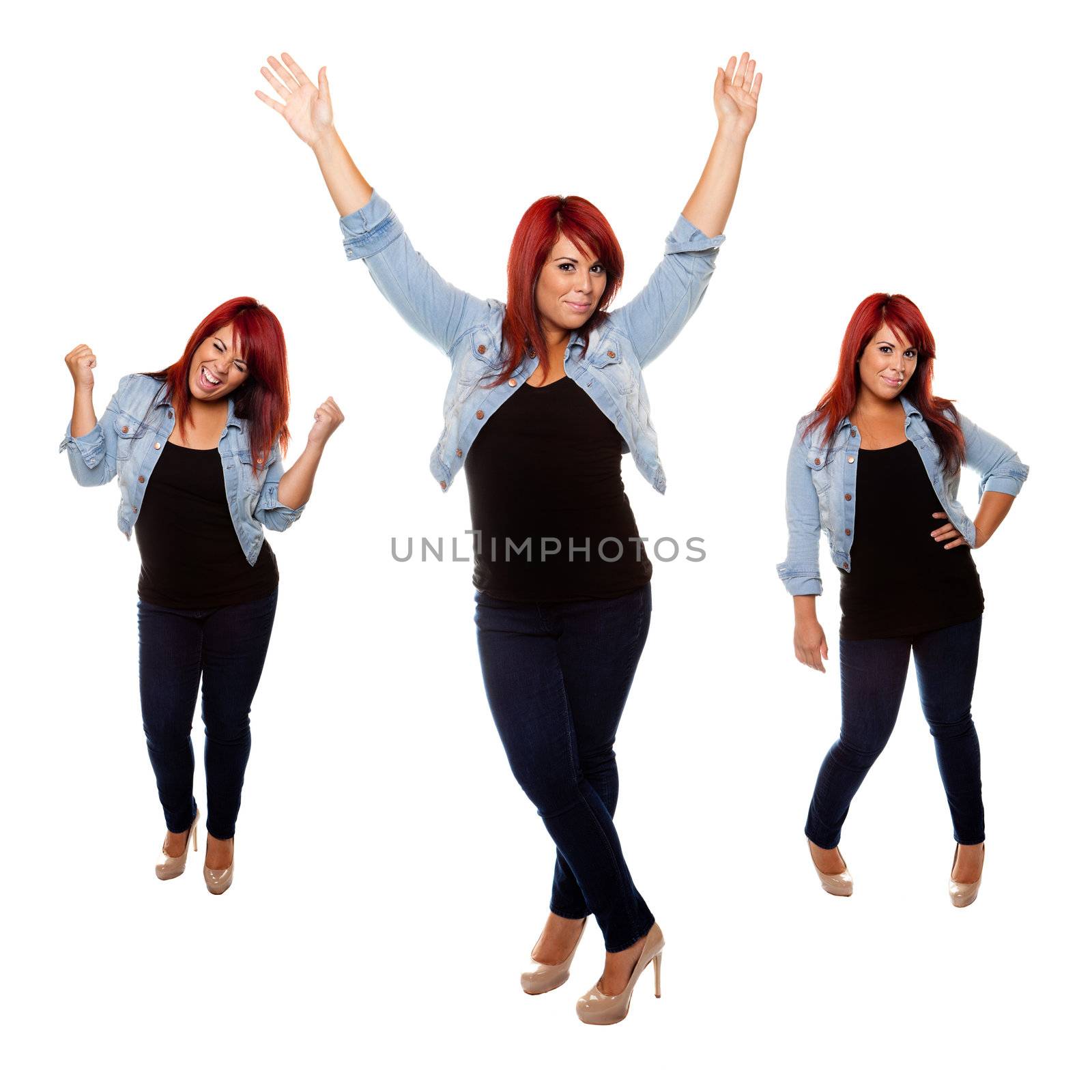 Young woman proudly shows off her physique after weight loss isolated on a white background.