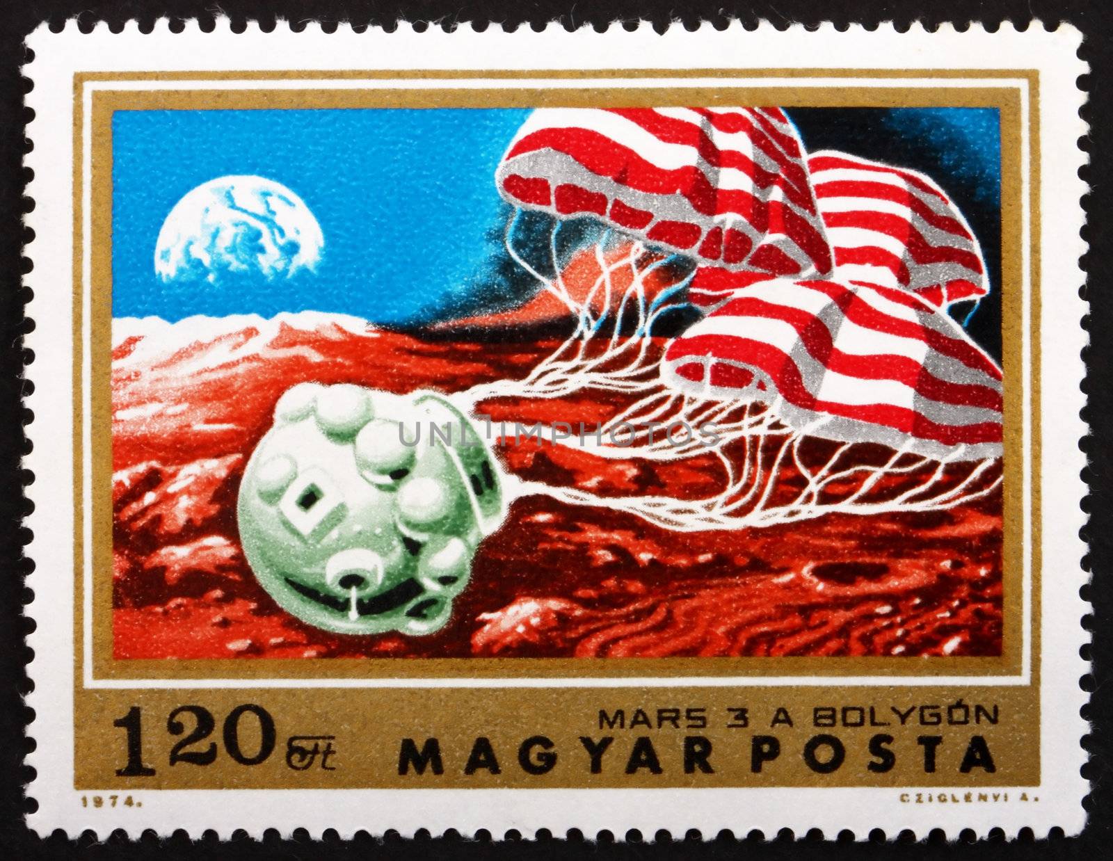 HUNGARY - CIRCA 1974: a stamp printed in the Hungary shows Soft Landing of Mars 3 on Mars, Soviet Unmanned Space Probe, circa 1974