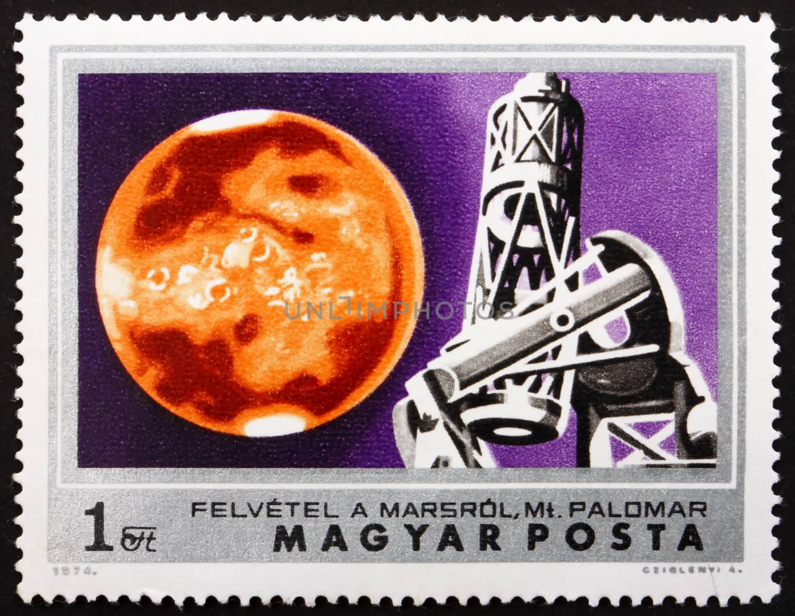 HUNGARY - CIRCA 1974: a stamp printed in the Hungary shows Mars and Mt. Palomar Observatory, circa 1974