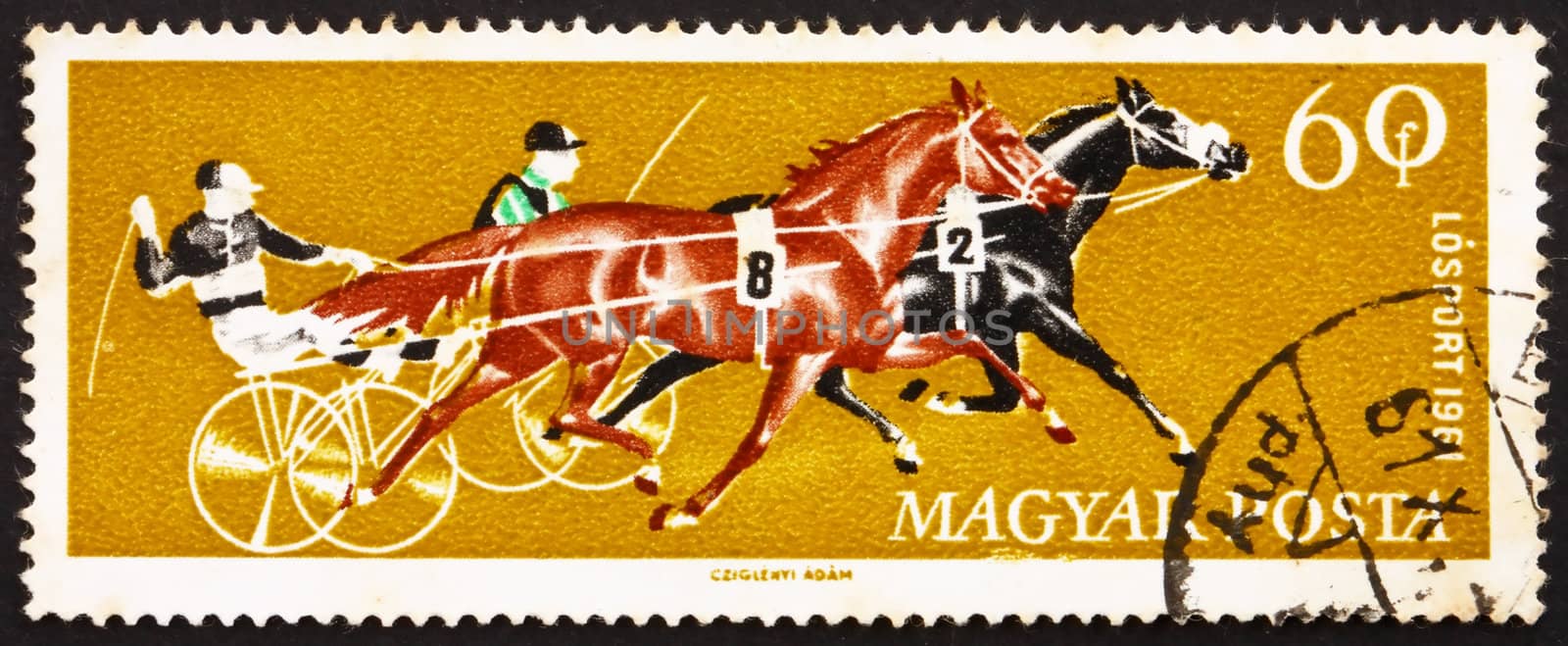 HUNGARY - CIRCA 1961: a stamp printed in the Hungary shows Two Trotters, Horse Racing, circa 1961