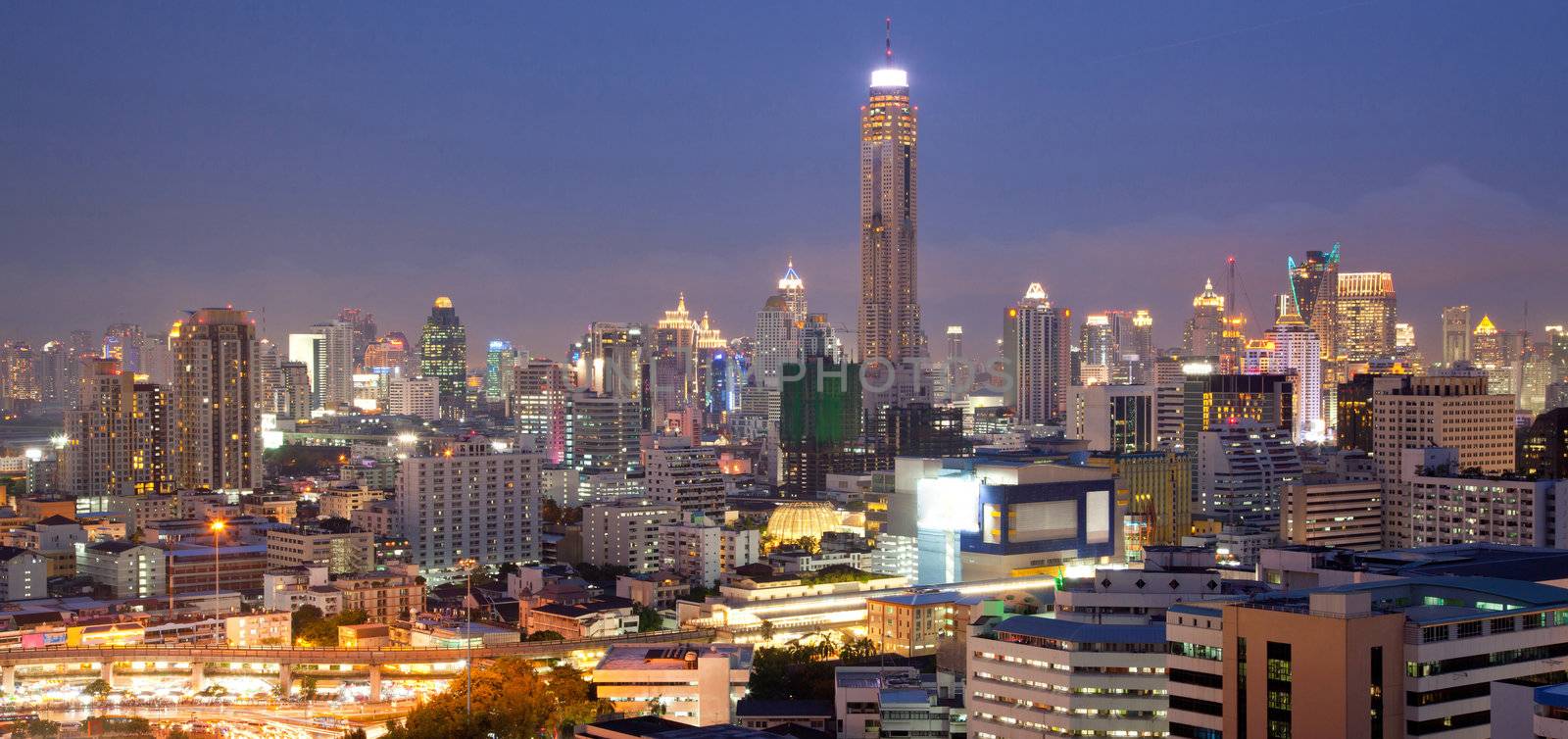 Panorama Aerial View of Bangkok Skylines at Victory Monument Downtown Cityscape at Dusk