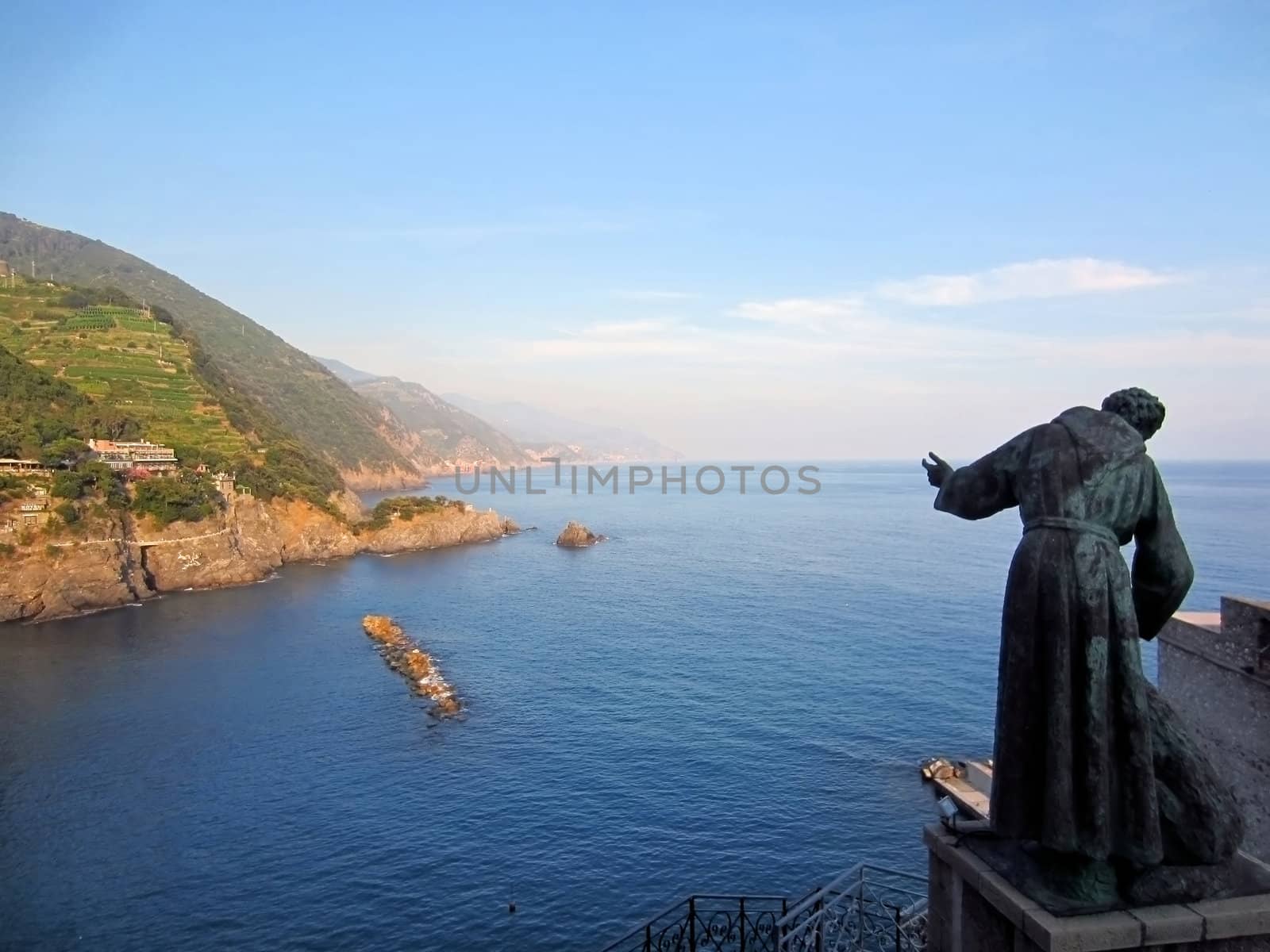 Italian coast with sculpture in Liguria                            