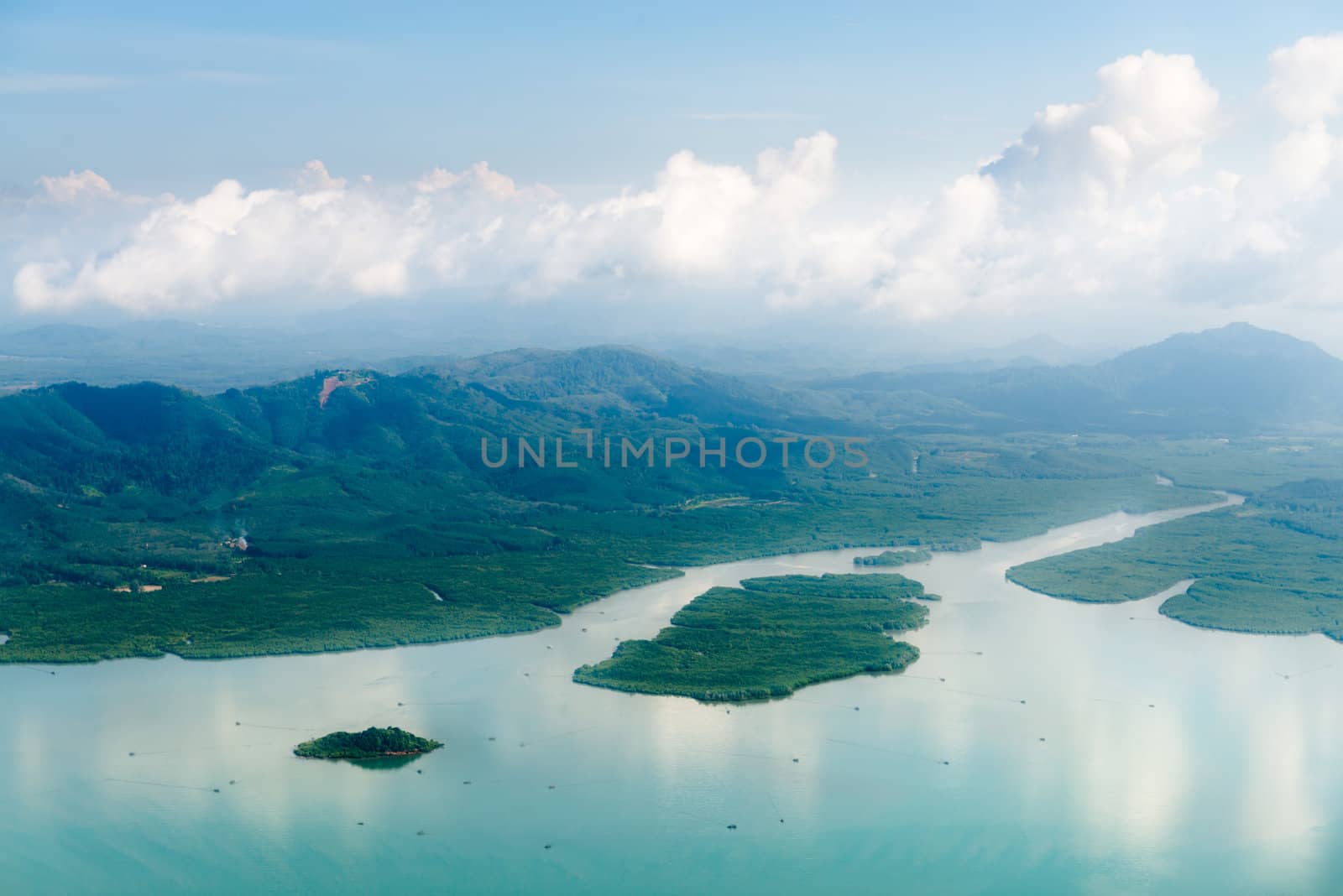 Aerial view of mangrove forests in blue water of Andaman sea