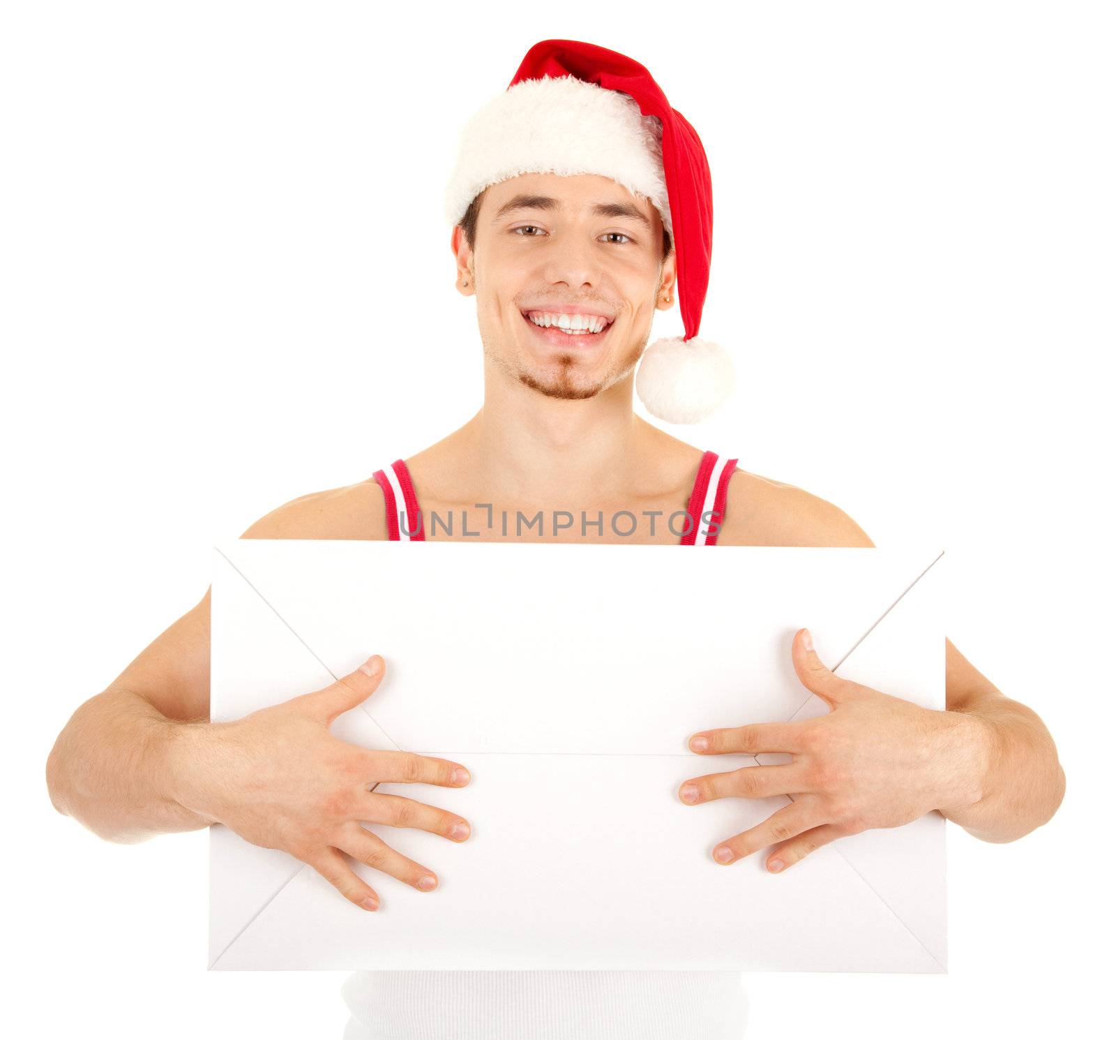 Young handsome smiling man in red Christmas hat with big white carton box. Isolated on white background. Focus on eyes.