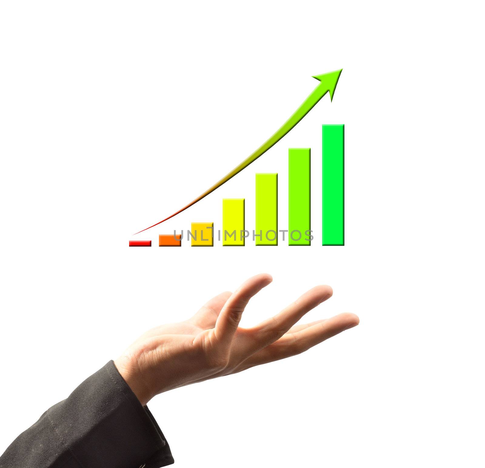 Businessman holding a growing graph 