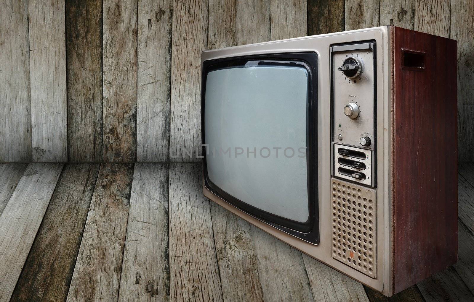 old television in wooden room