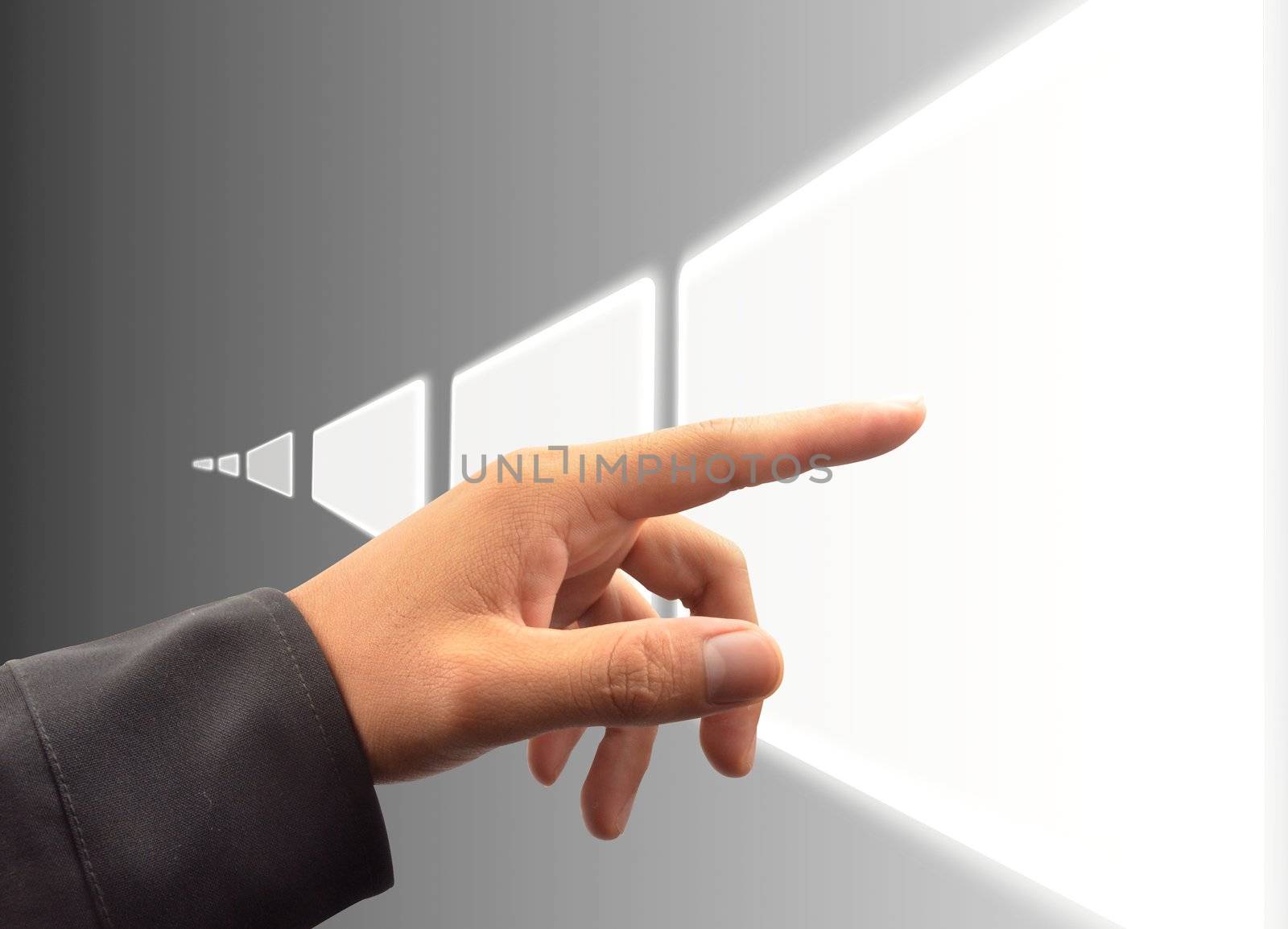 hand pushing a button on a touch screen interface 
