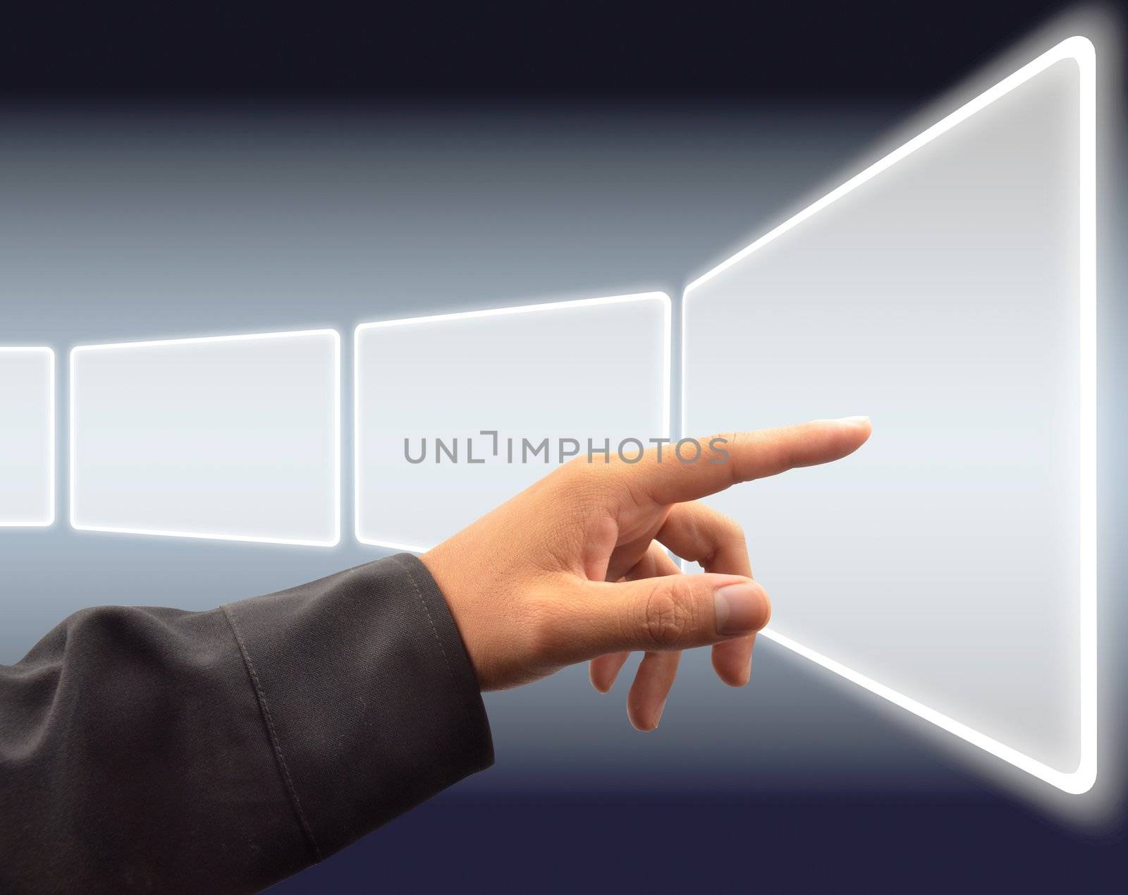 hand pushing a button on a touch screen interface 