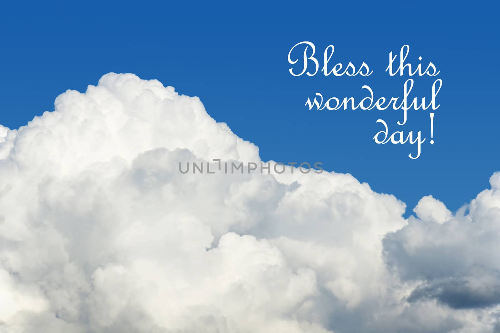 Non denominational prayer written in the bright blue sky with beautiful white puffy cumulus clouds, superb hope, faith, spiritual background or card.