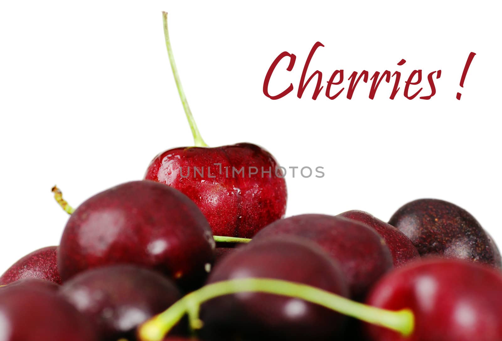 Delicious fresh red ripe and plum cherries with water condensation dropplets, focus on top cherry at the back, perfect nutrition background.