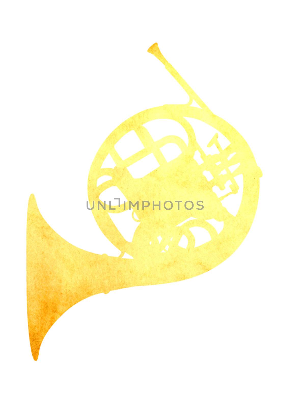 Grunge image of french horn from old paper isolated on white