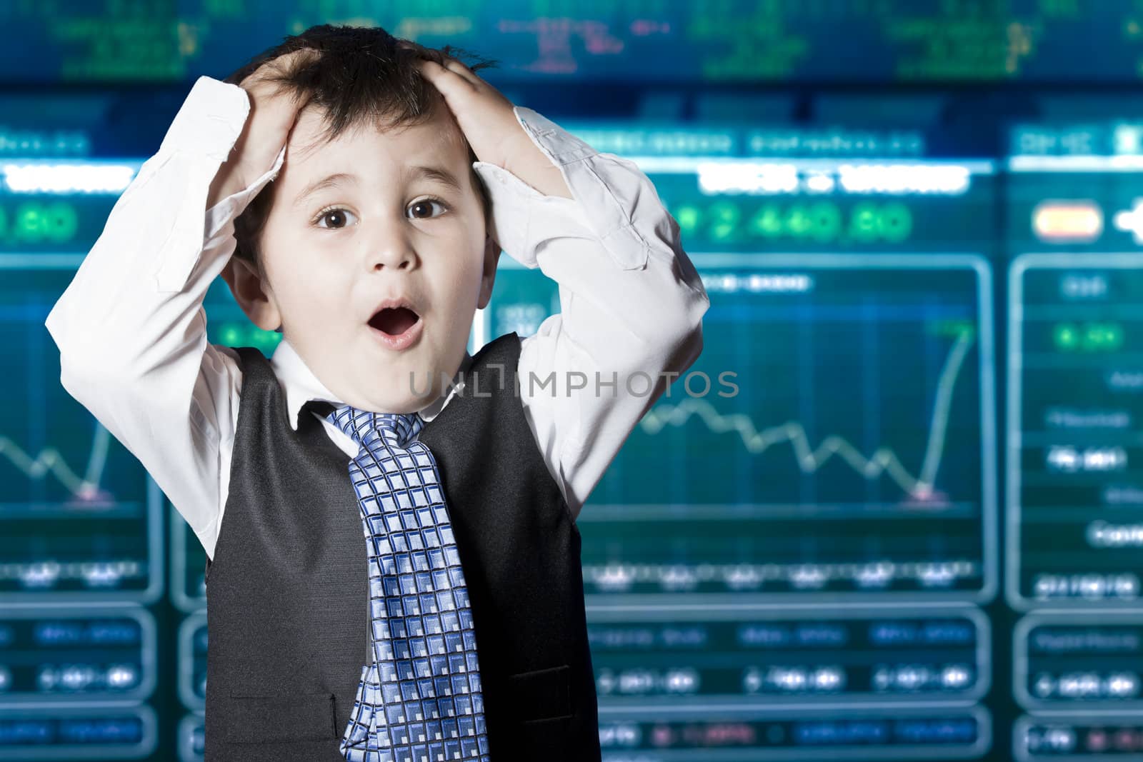 Surprised businessman child in suit with funny face, stock market