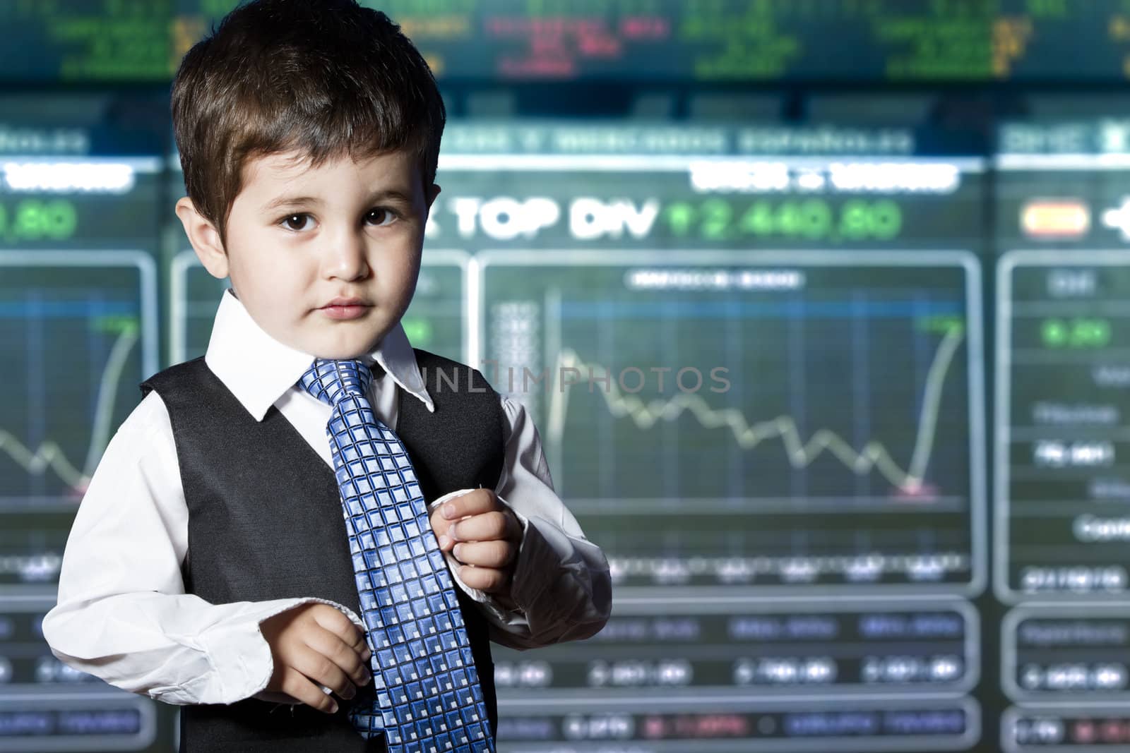 Child dressed businessman with funny face. stock market