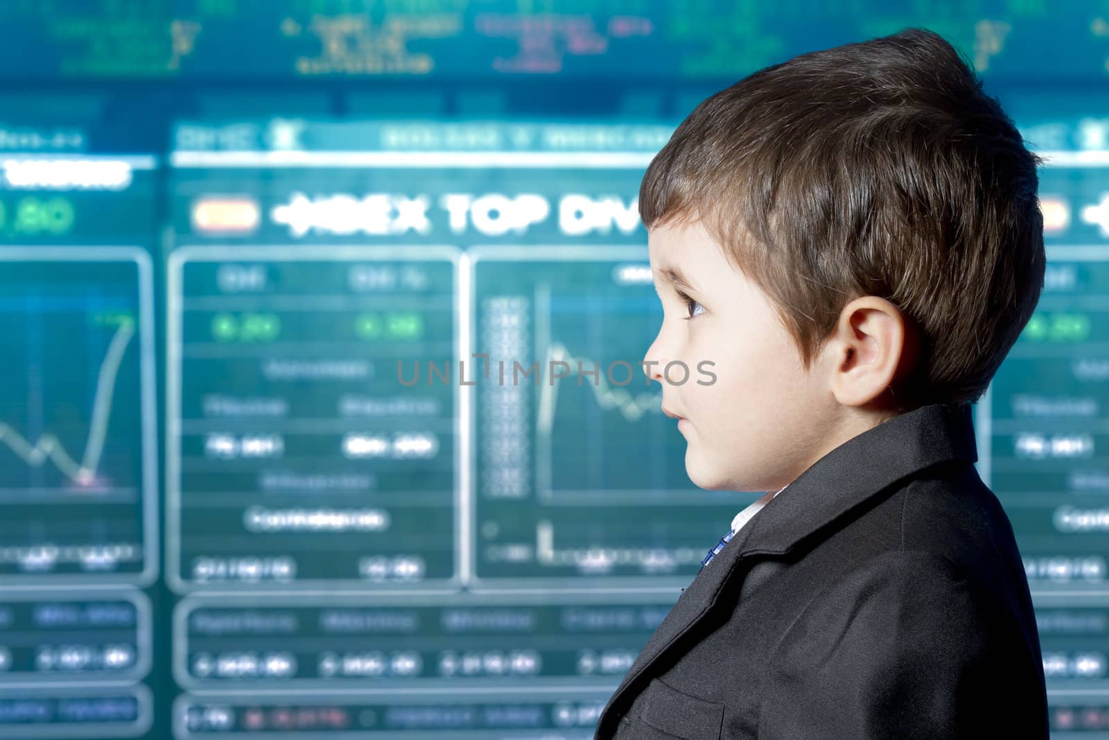 Child dressed businessman with funny face. stock market