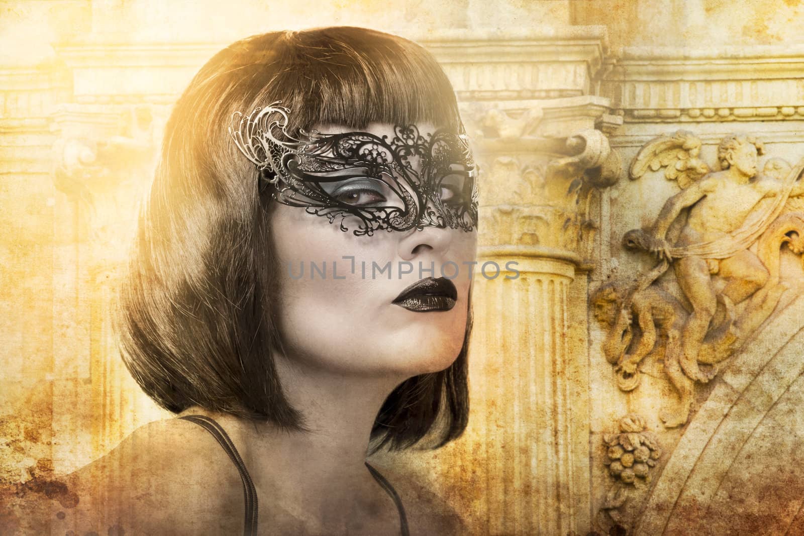 beautiful brunette woman with Venetian mask background of Renaissance architecture