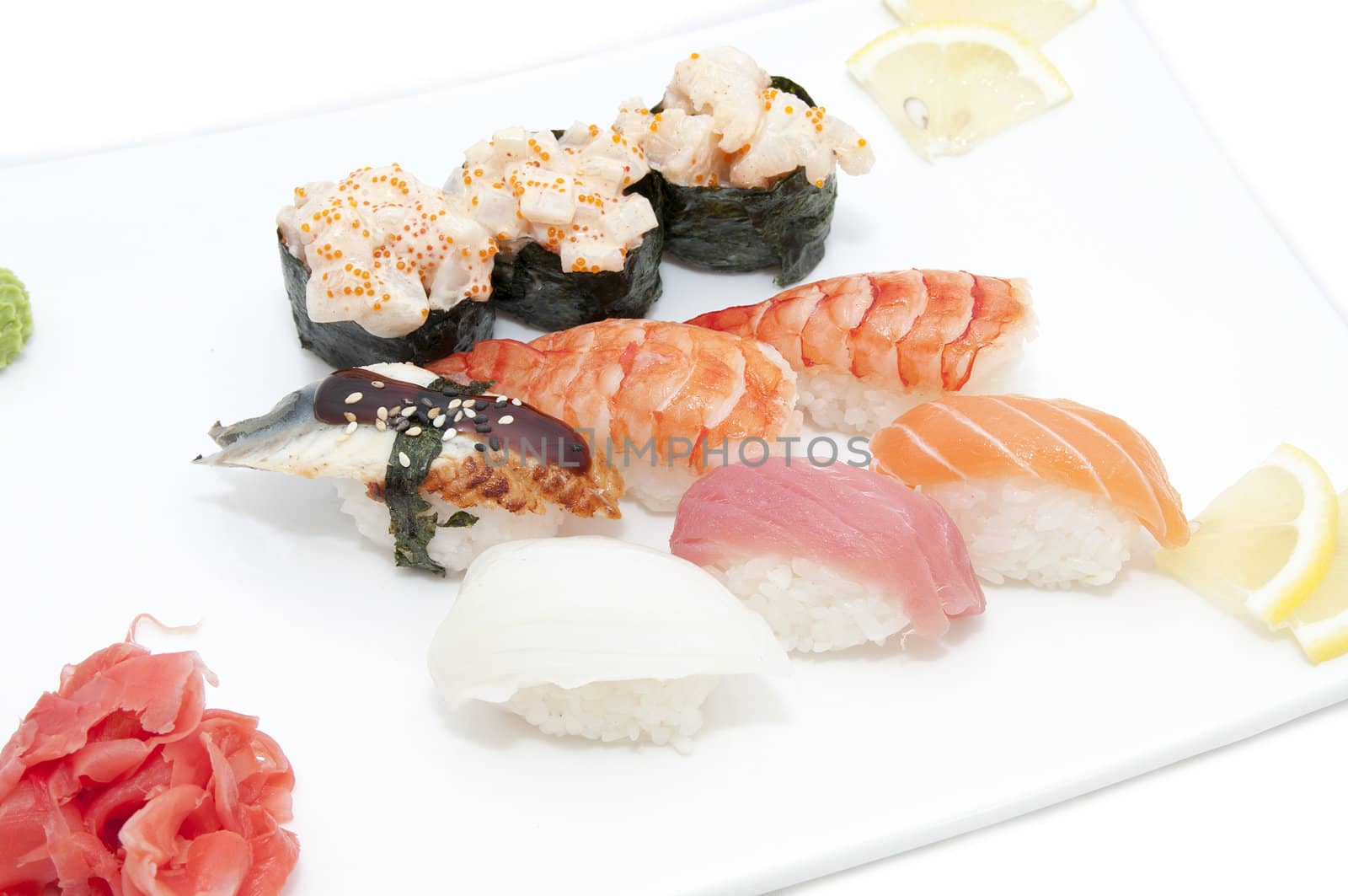 Japanese sushi fish and seafood on white background