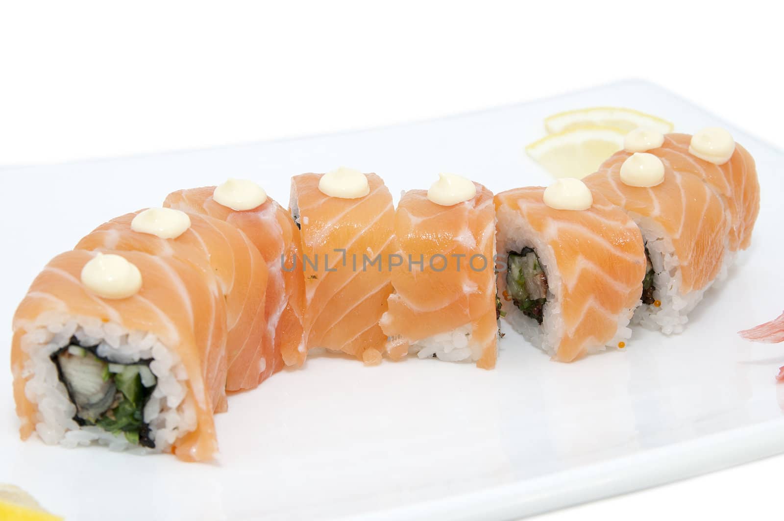 Japanese sushi fish and seafood on white background