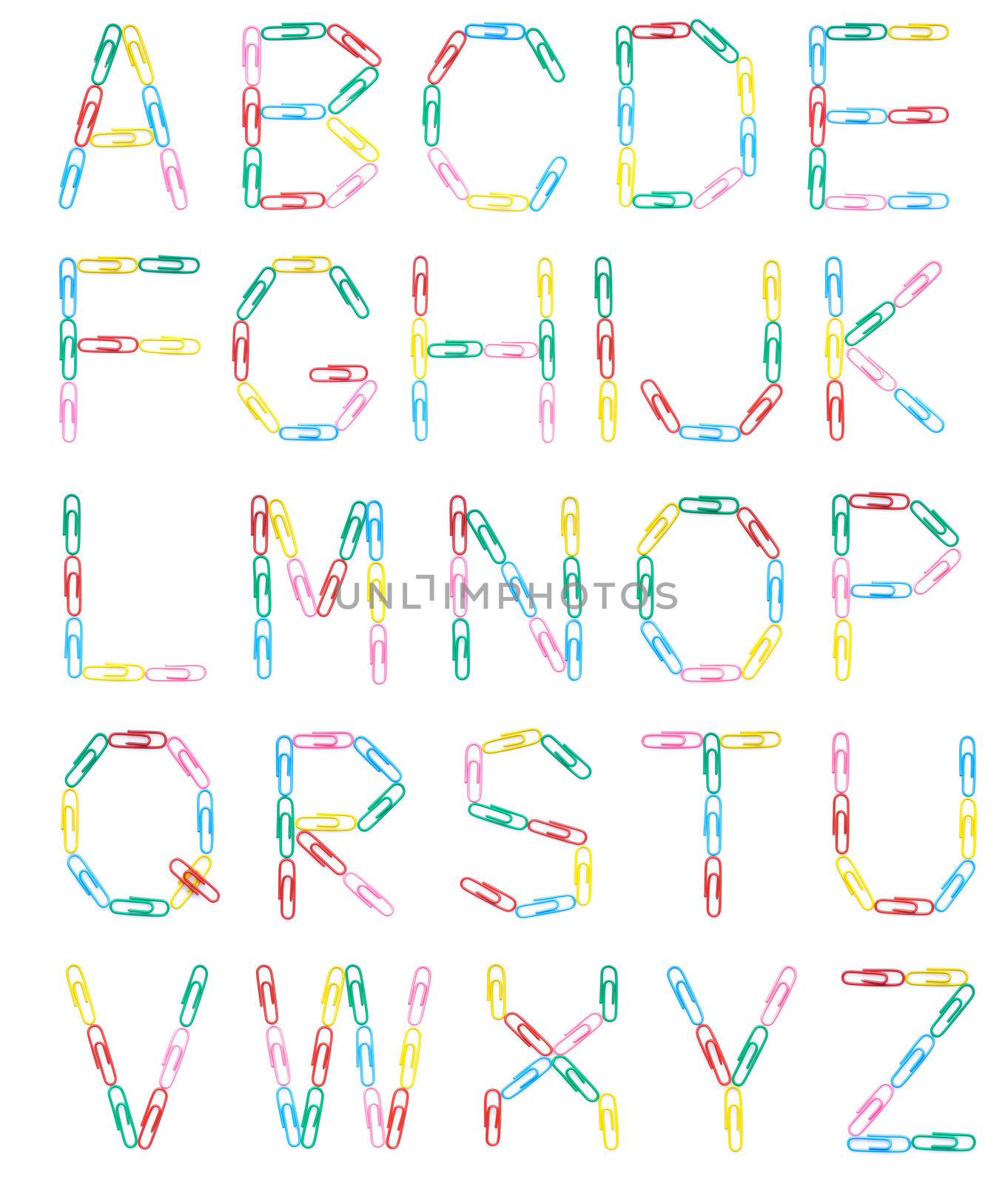 Uppercase english letters made with colored clips