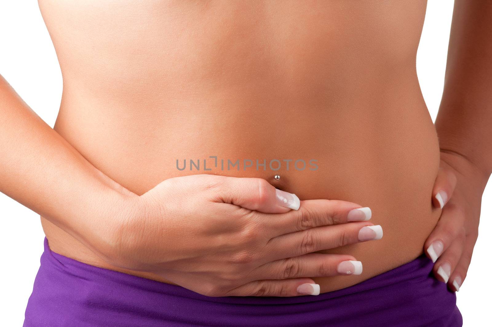Woman suffering from stomach pain, isolated in white.