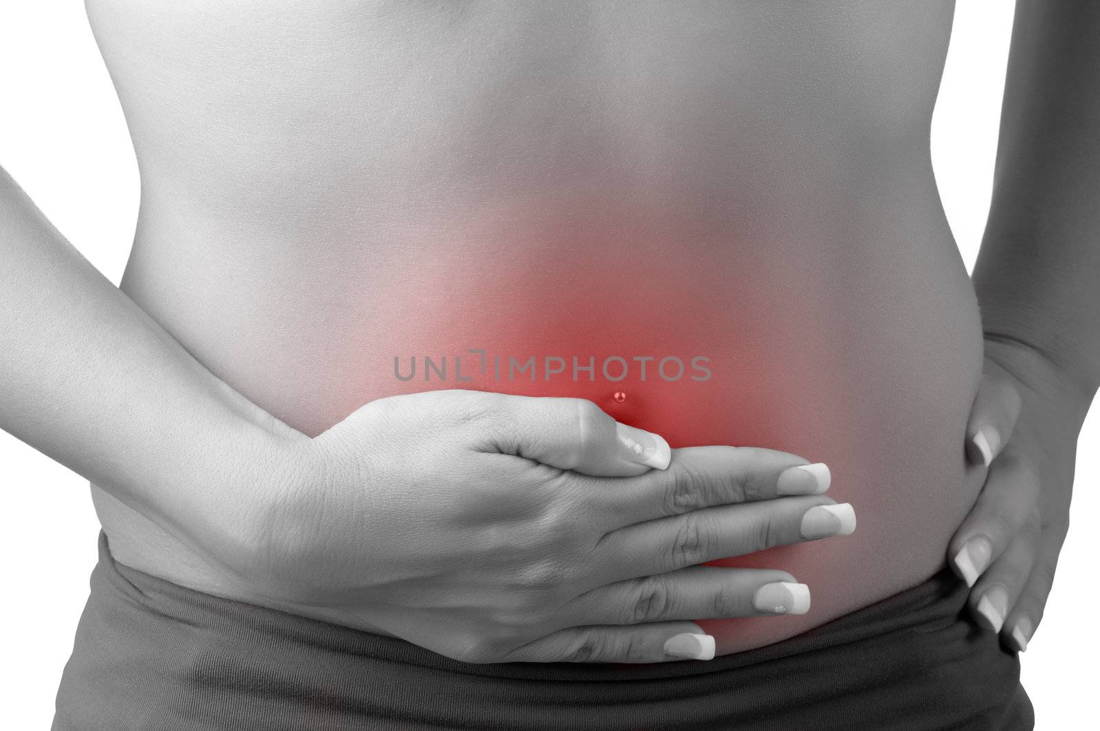 Woman suffering from stomach pain, isolated in white, black and white with a red circle around the painful area