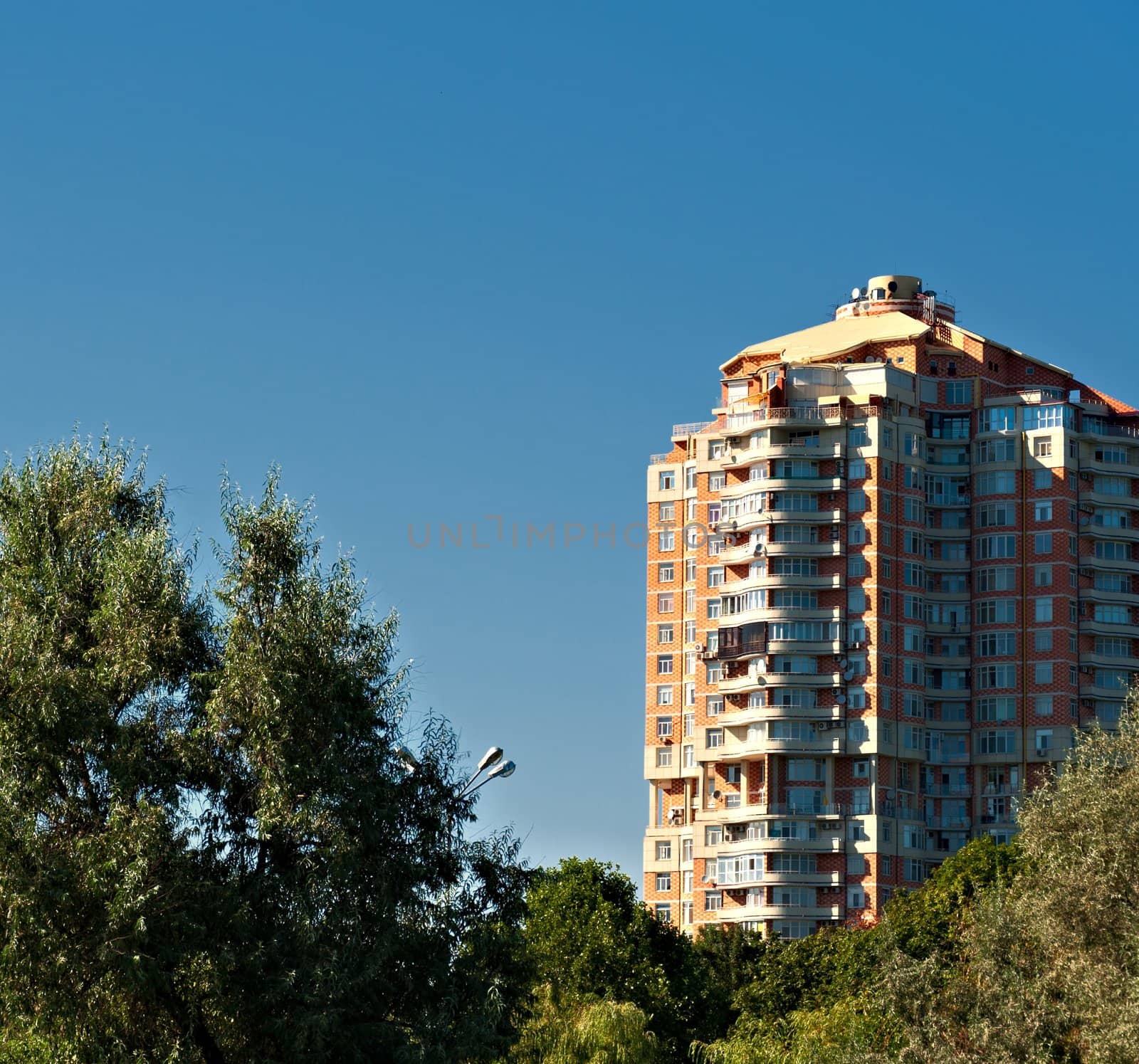 Building among trees against the blue sky