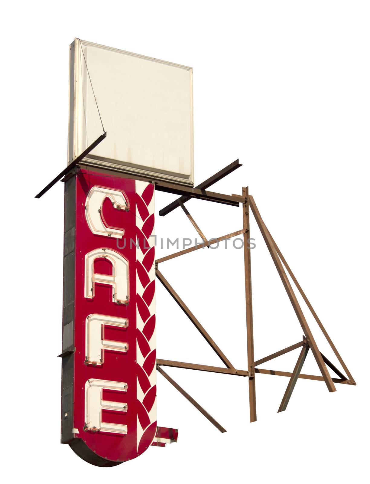 A vintage cafe sign that is neon and isolated on a white background.