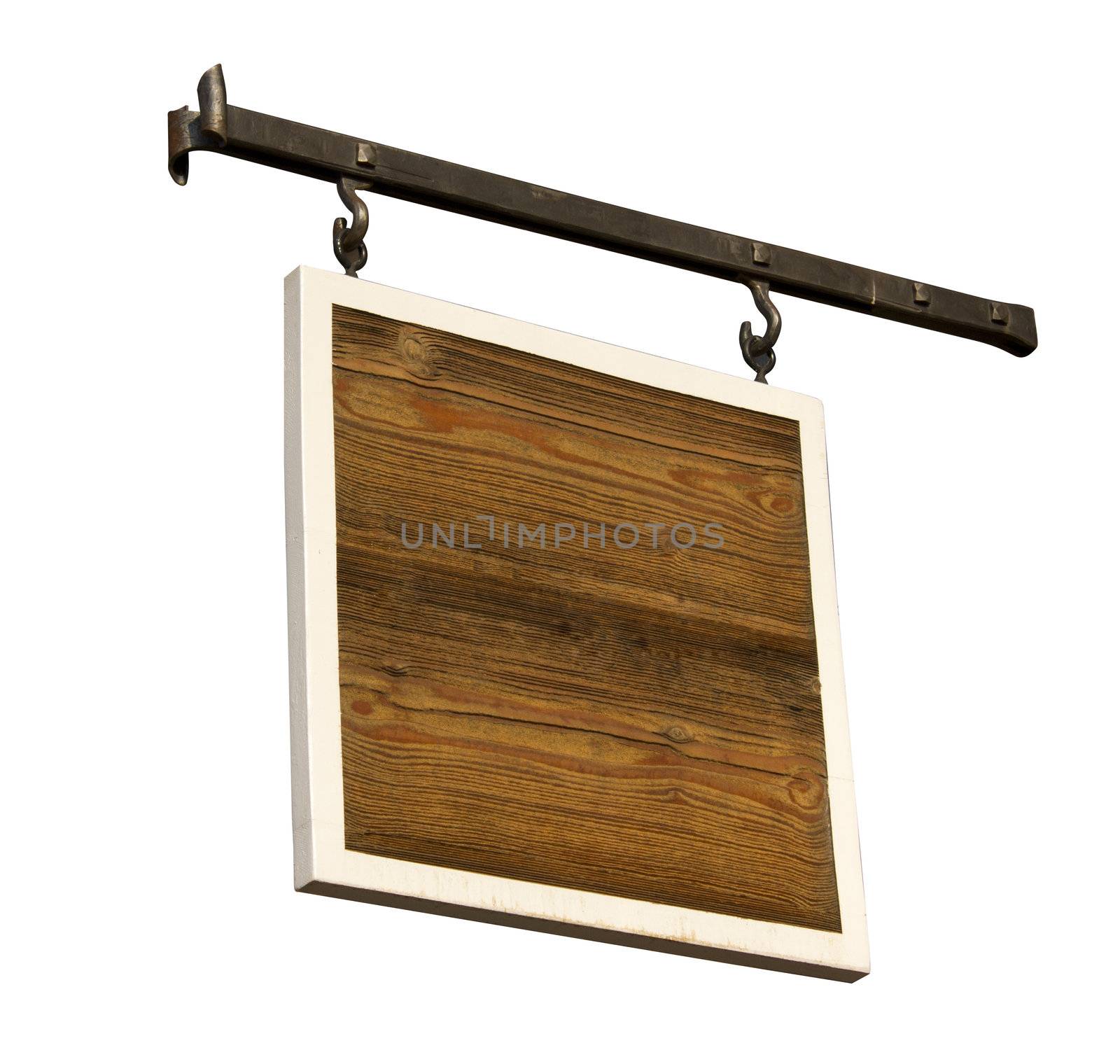 A wood board with a white frame hanging on rod iron