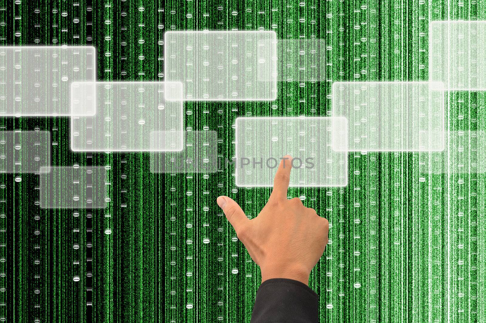 hand pushing a button on a touch screen interface with digital matrix background