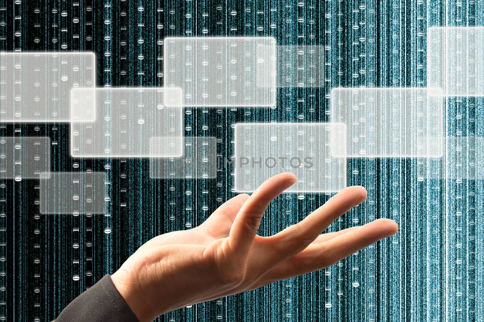 hand hold a touch screen interface with digital matrix background